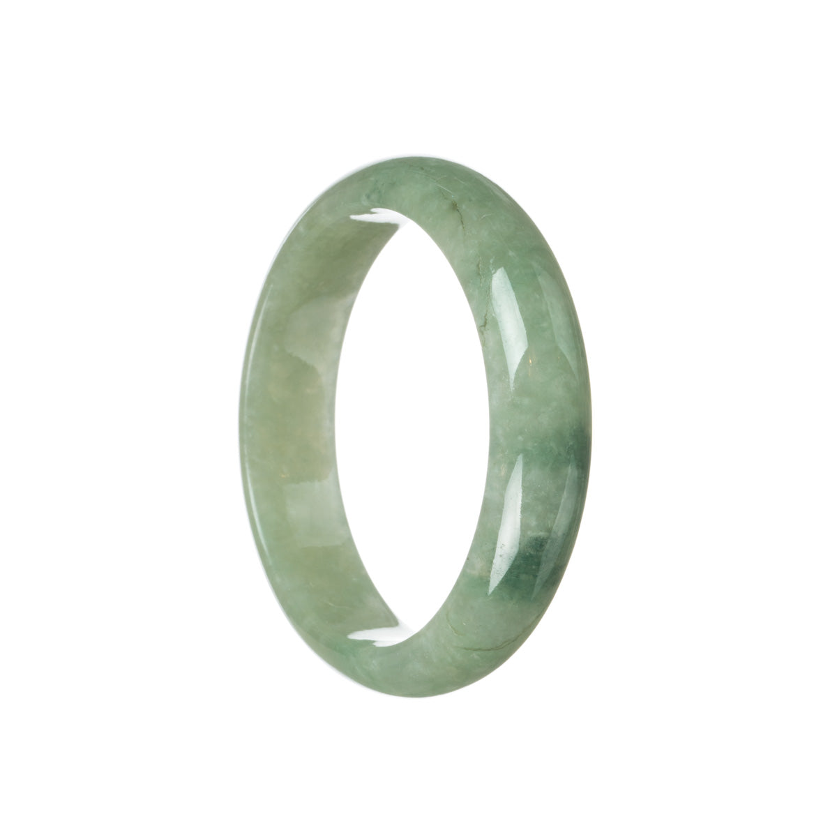 A close-up image of a half moon-shaped green jadeite bracelet with a smooth and polished surface. The bracelet is made from genuine untreated jadeite, showcasing its vibrant green color. The bracelet is 59mm in size and it has been skillfully crafted by MAYS™.