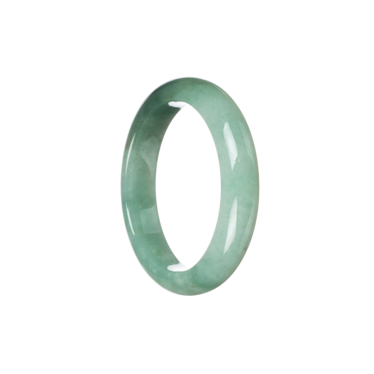 A close-up image of a bluish green Burmese jade bangle bracelet, showcasing its unique half moon shape. This high-quality bracelet is made of genuine Grade A jade, perfect for adding a touch of elegance to any outfit.