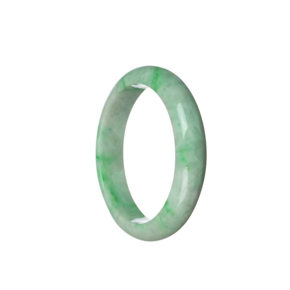 A close-up image of an untreated white jade bangle with apple green accents. The bangle has a half-moon shape and measures 53mm in diameter. The jadeite jade is of high quality and is authentically sourced.