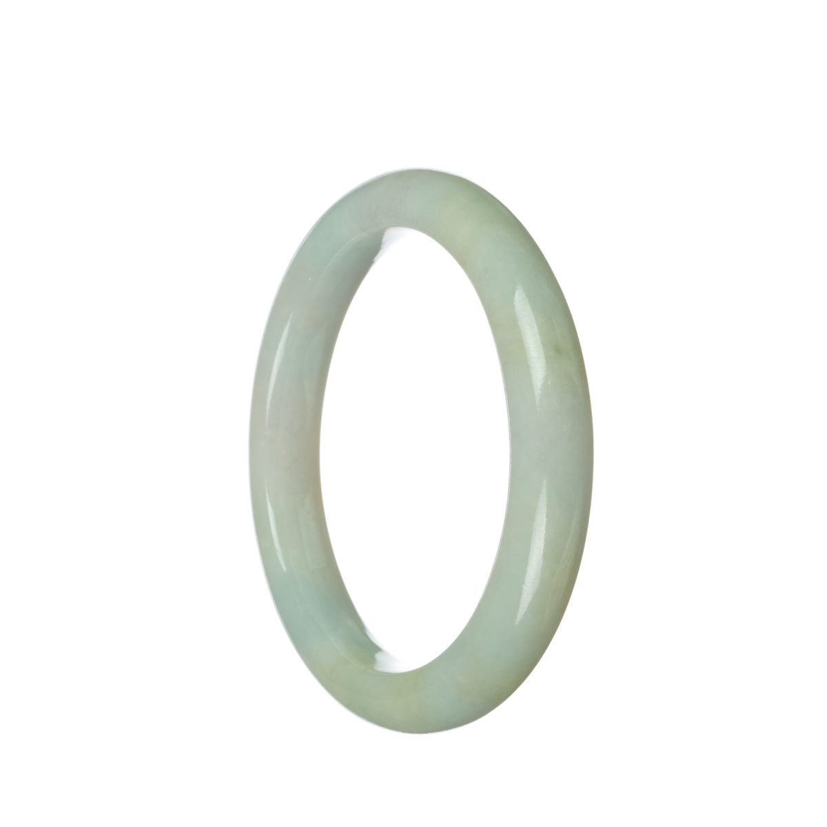 A close-up image of a pale green traditional jade bangle, crafted from genuine Grade A jade. The bangle has a half moon shape and measures 59mm in diameter. It is a high-quality piece from the MAYS™ brand.