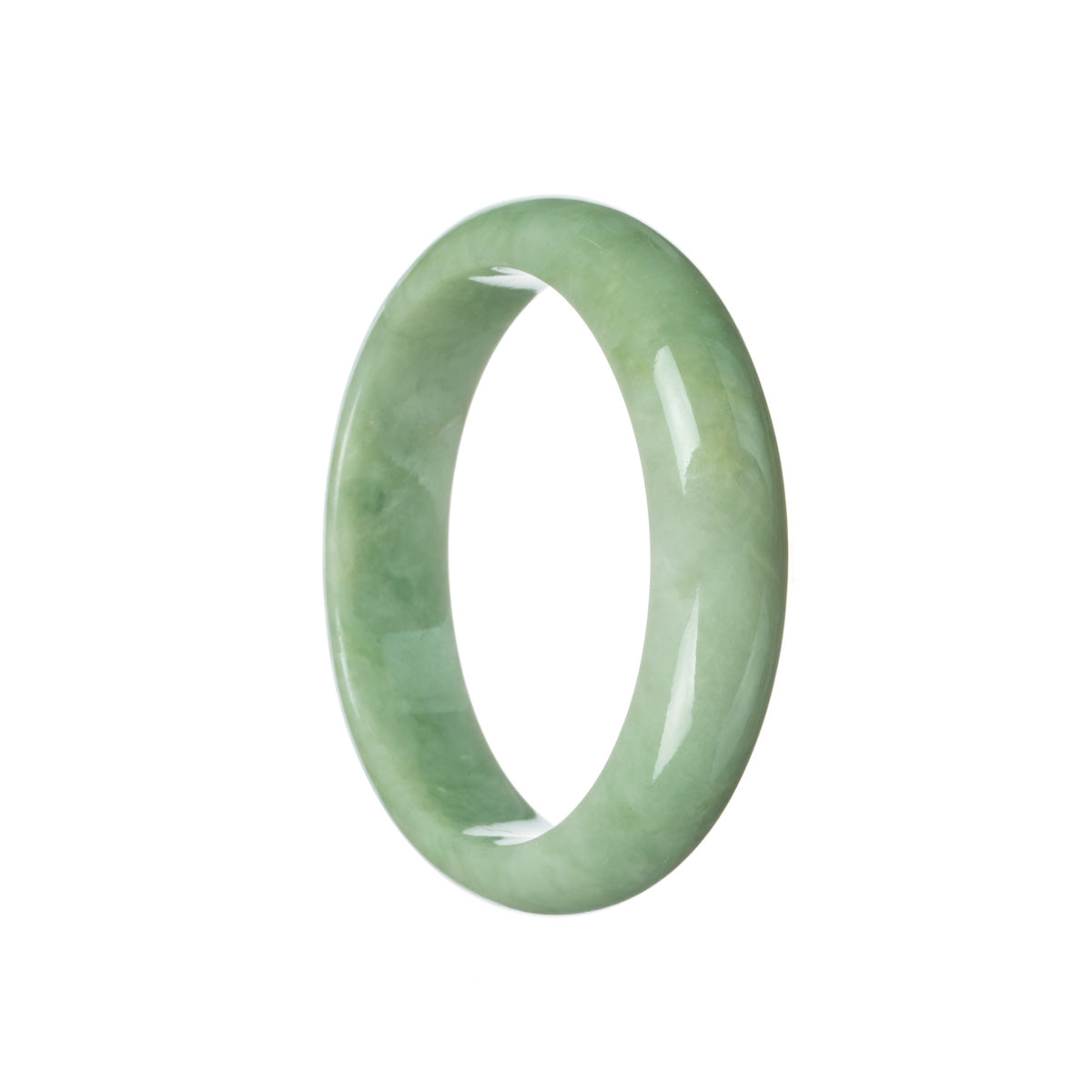 A close-up photo of a beautiful green jade bangle with a half moon shape, measuring 59mm in size. The bangle is made of genuine grade A green jade and is branded as MAYS™.