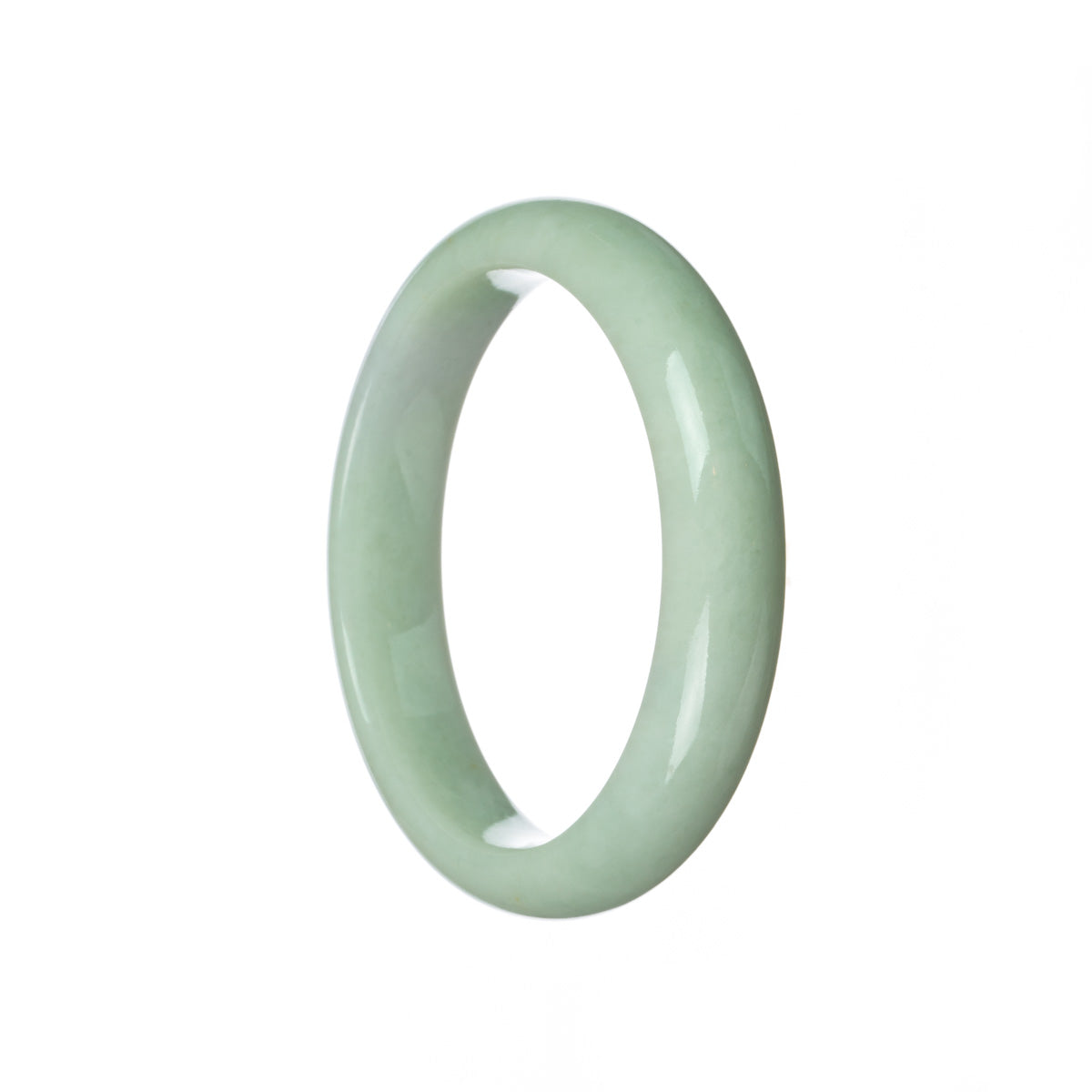 A light green Burmese jade bangle with a half moon shape, 60mm in size, certified as Type A. Sold by MAYS.