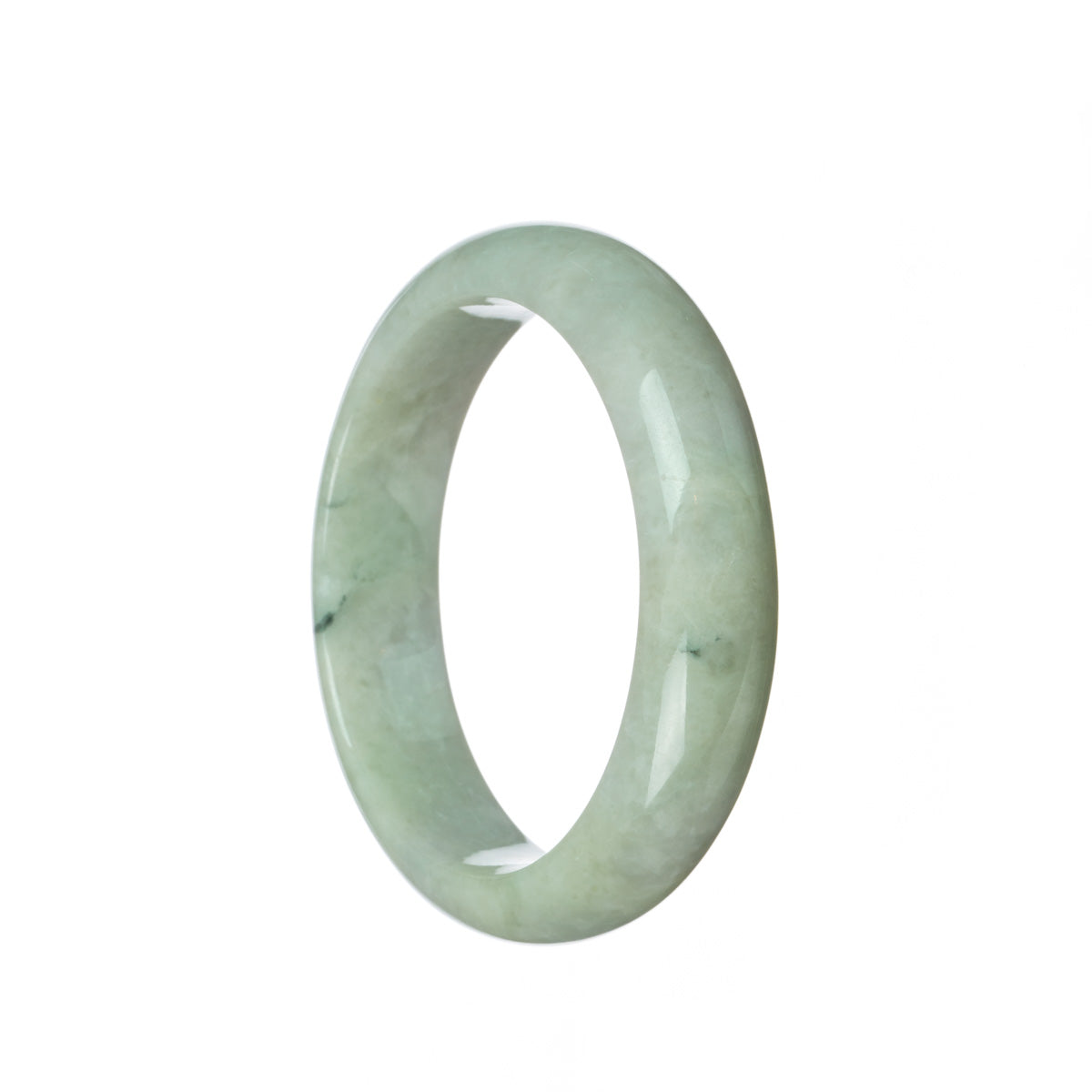 A close-up photo of an untreated pale green jade bracelet with a half-moon shape, measuring 59mm. It is a beautiful and authentic piece of jewelry from MAYS GEMS.