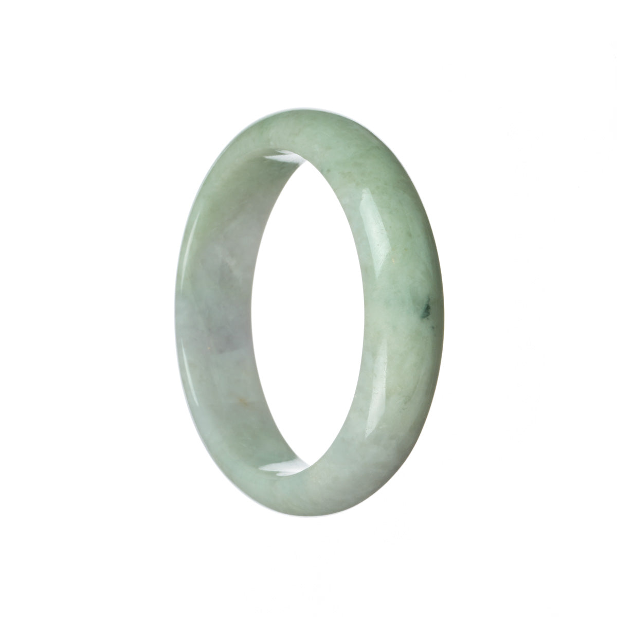 An elegant, certified Grade A pale green bangle made from lavender Burma Jade. This 59mm half moon-shaped accessory from MAYS GEMS is a stunning piece of jewelry.