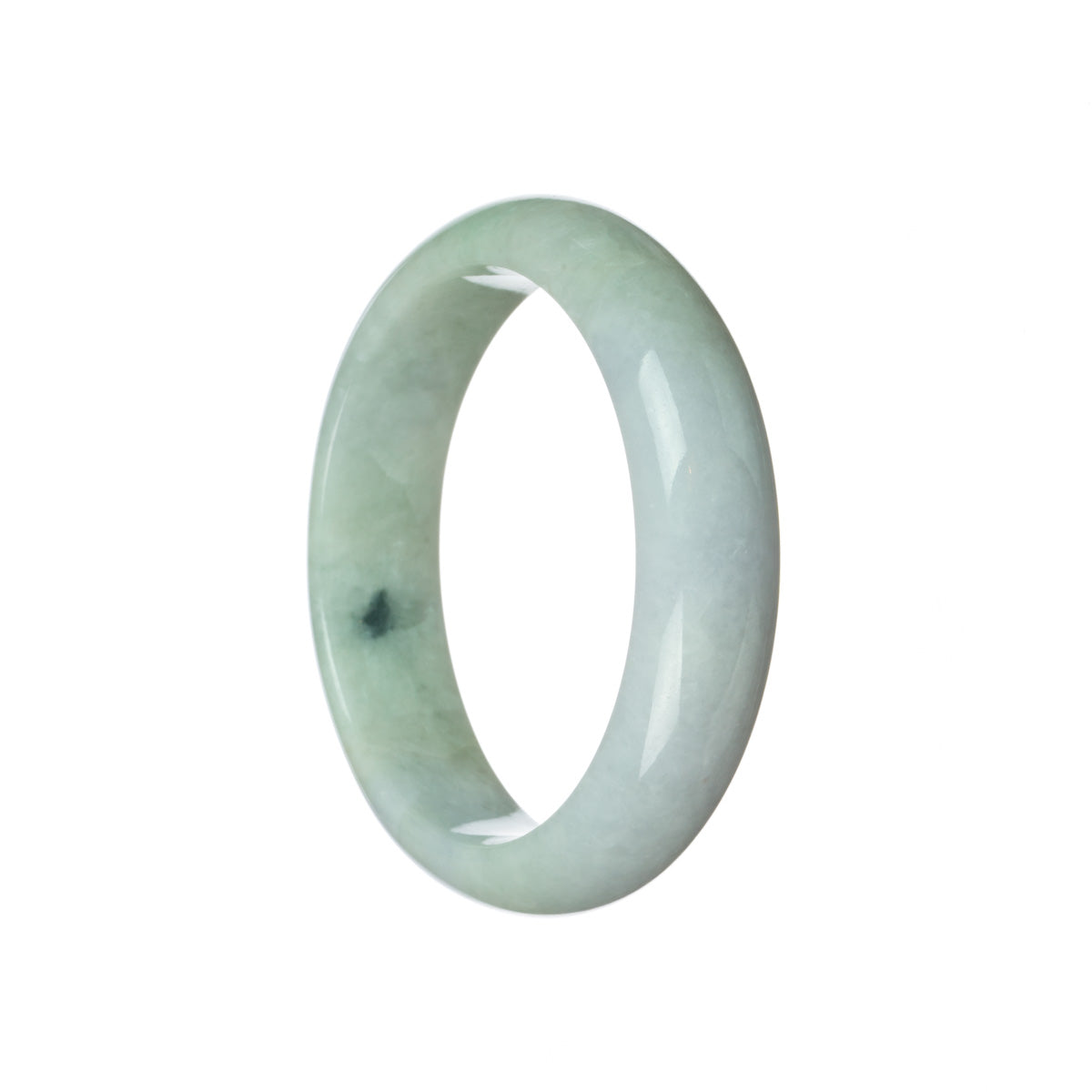 A beautiful pale green and lavender jade bangle bracelet with a half moon shape, measuring 59mm.