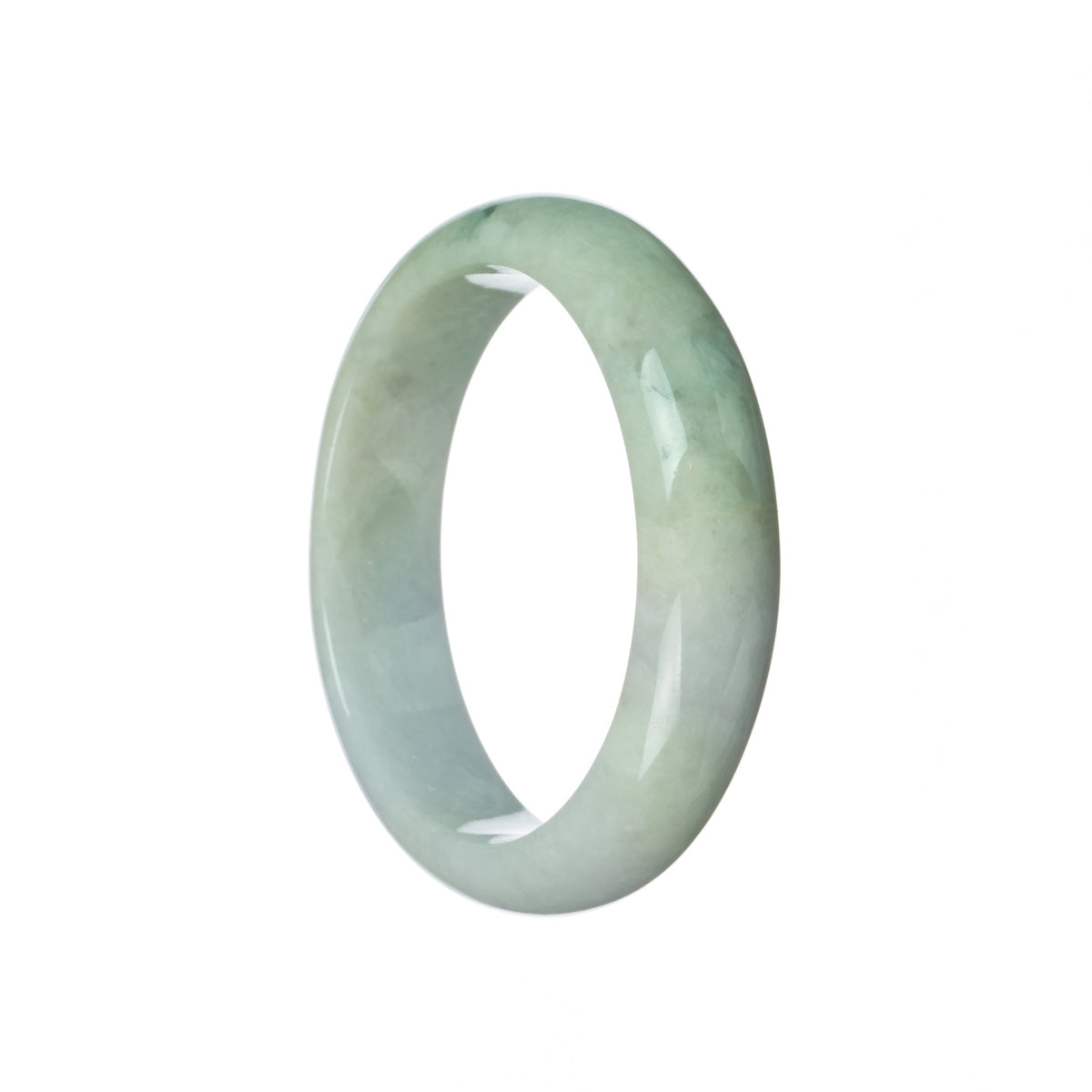 A beautiful pale green and lavender jadeite bangle bracelet, featuring a half moon shape.