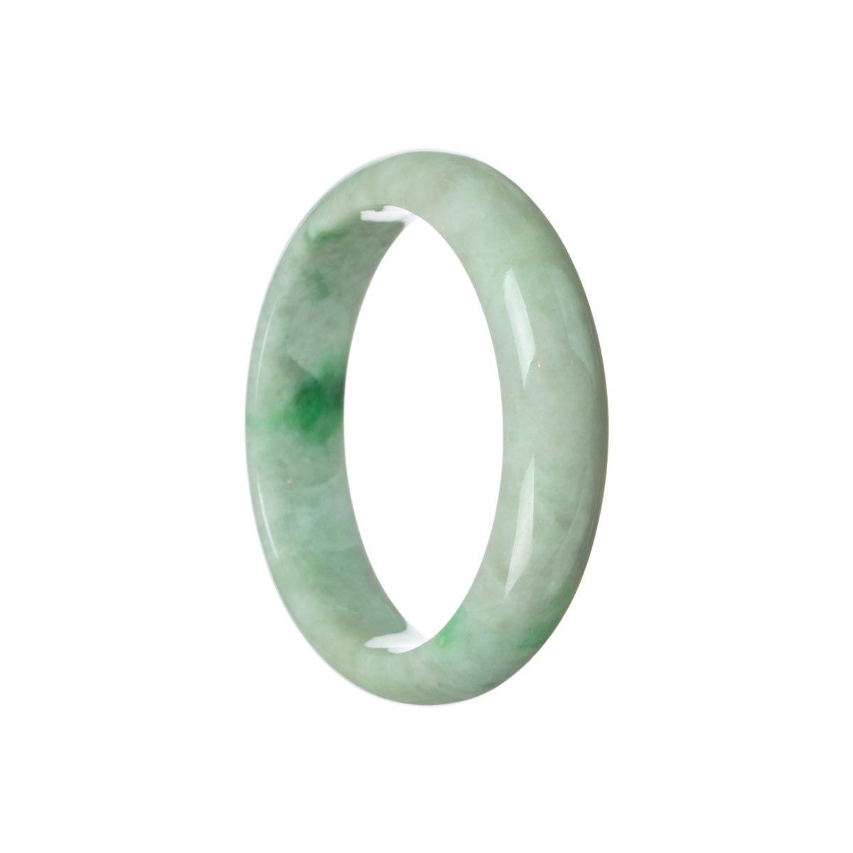 A beautiful pale green jade bangle with a half moon shape, made from genuine Grade A Burmese jade. The bangle has a stunning emerald green color and measures 59mm in size. Designed by MAYS™.