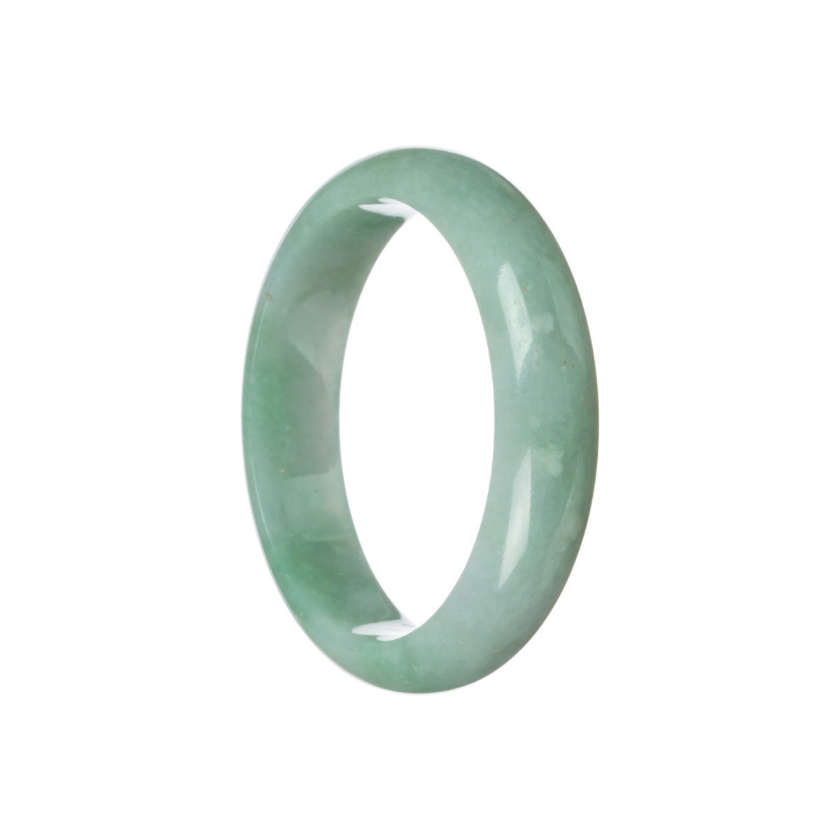 A close-up image of a green jadeite jade bracelet in the shape of a half moon, measuring 58mm in diameter. The bracelet features a smooth and polished surface, showcasing the natural beauty of the jade stone. The color of the jade is a vibrant green, with subtle variations and patterns running through it. The bracelet is designed to be worn on the wrist, adding an elegant and earthy touch to any outfit.