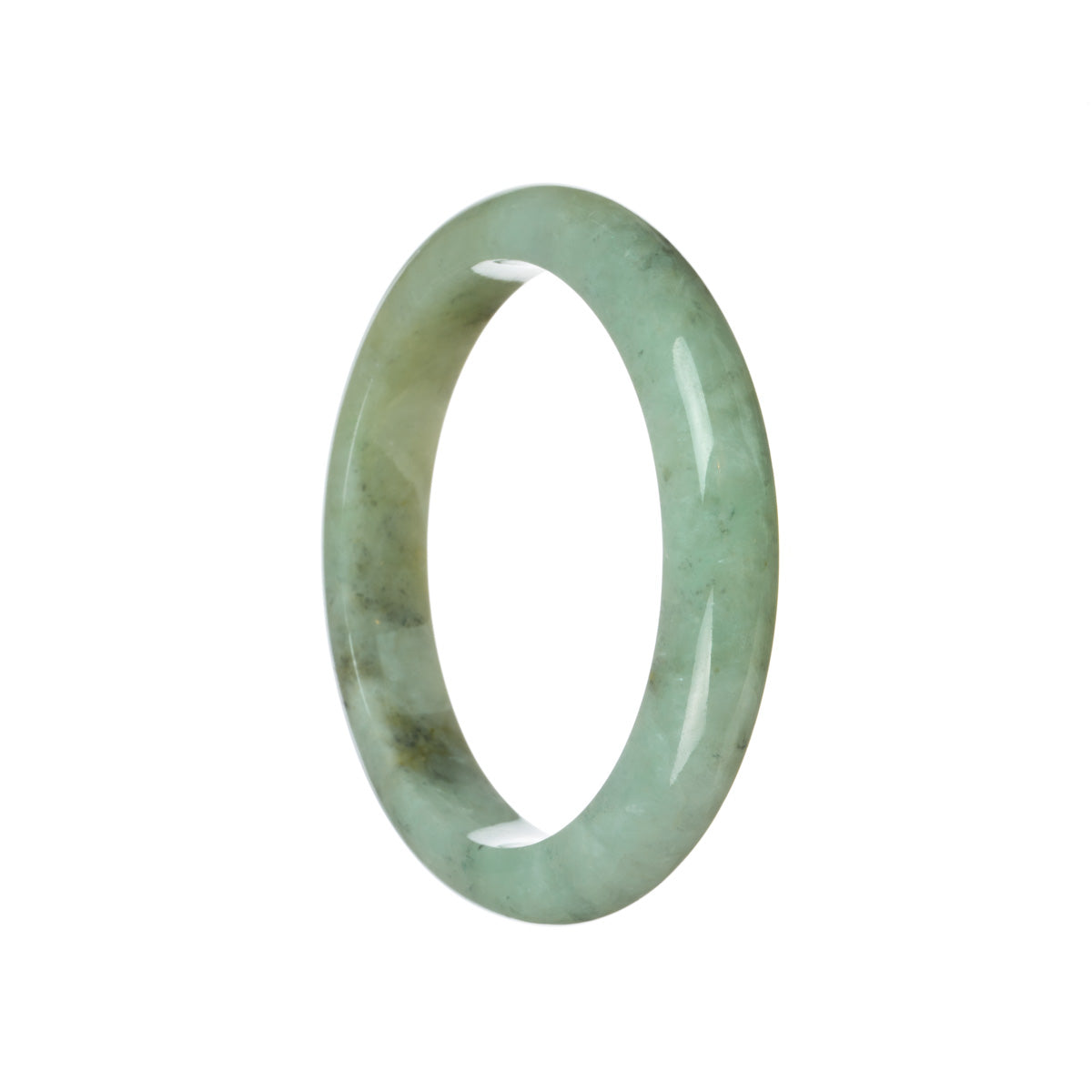 A close-up of a light green jadeite bracelet with a semi-round shape, measuring 61mm in diameter. The jadeite has been certified Grade A quality. The bracelet is designed by MAYS.