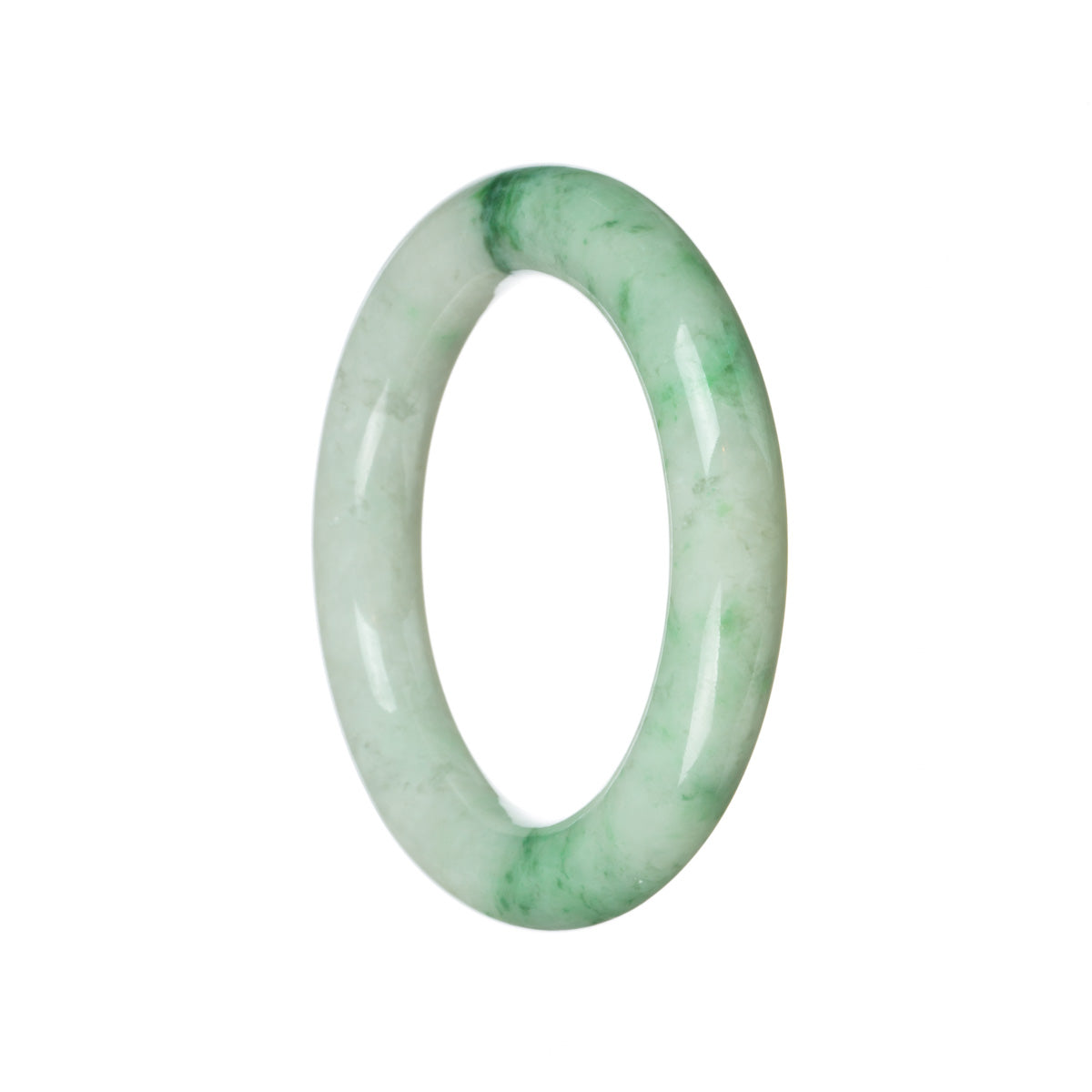 A close-up photo of an authentic Type A White with emerald green Jadeite Jade Bangle. The bangle is round in shape and measures 56mm in diameter. It is a beautiful piece of jewelry from the brand MAYS.