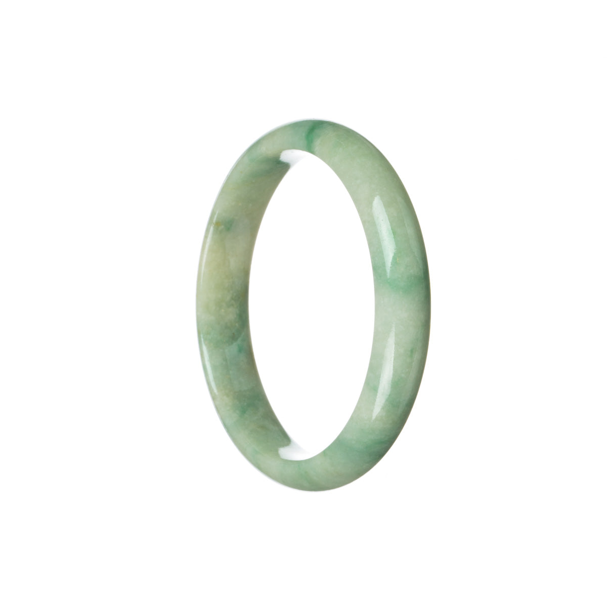 A close-up image of a green and light green flower-shaped jade bangle bracelet. The bracelet is made from genuine Type A green jadeite jade and has a half-moon shape with a diameter of 57mm. This bracelet is part of the MAYS™ collection.