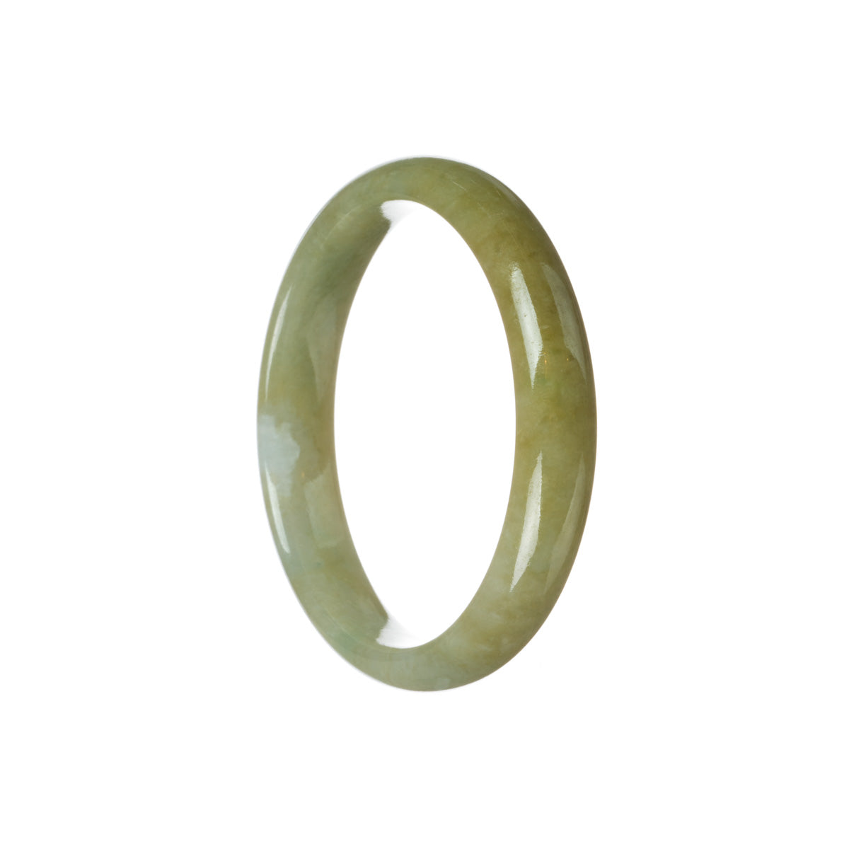 A close-up photo of a certified Grade A brownish green jadeite jade bracelet. The bracelet is in the shape of a half moon and measures 59mm. It features a unique white patch on one side. Sold by MAYS™.
