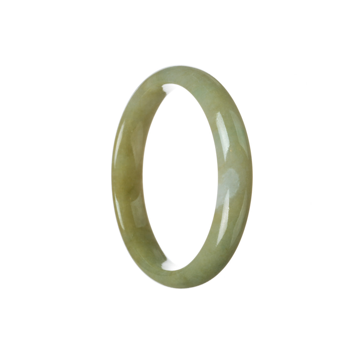 A genuine Type A brownish green with a white patch jadeite bangle bracelet. The bracelet features a 59mm half moon shape. Sold by MAYS GEMS.