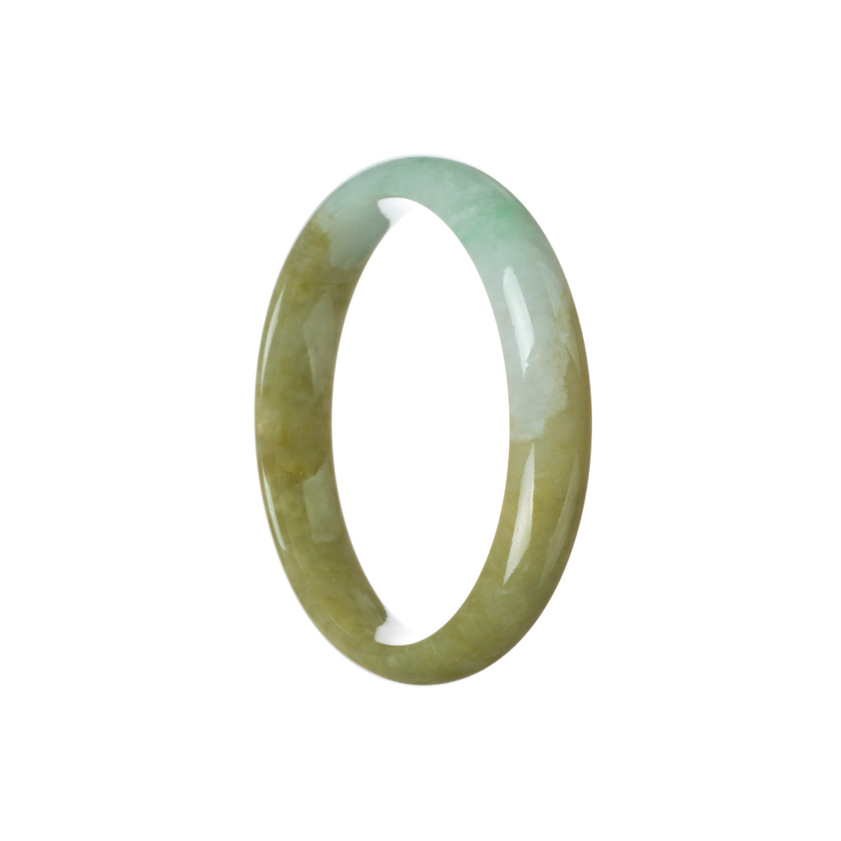 A close-up of a stunning Burmese Jade bracelet in a half-moon shape, showcasing its beautiful gradation of brownish green and apple green colors.