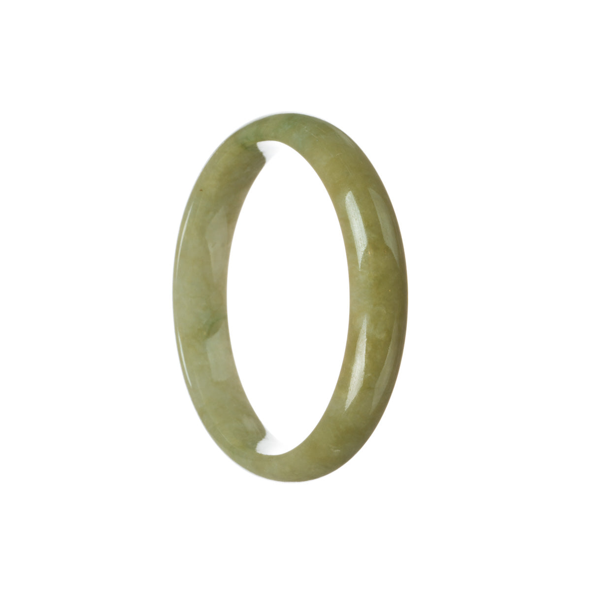 A half moon shaped Burmese Jade bangle bracelet in a genuine natural brownish olive green color, from MAYS GEMS.