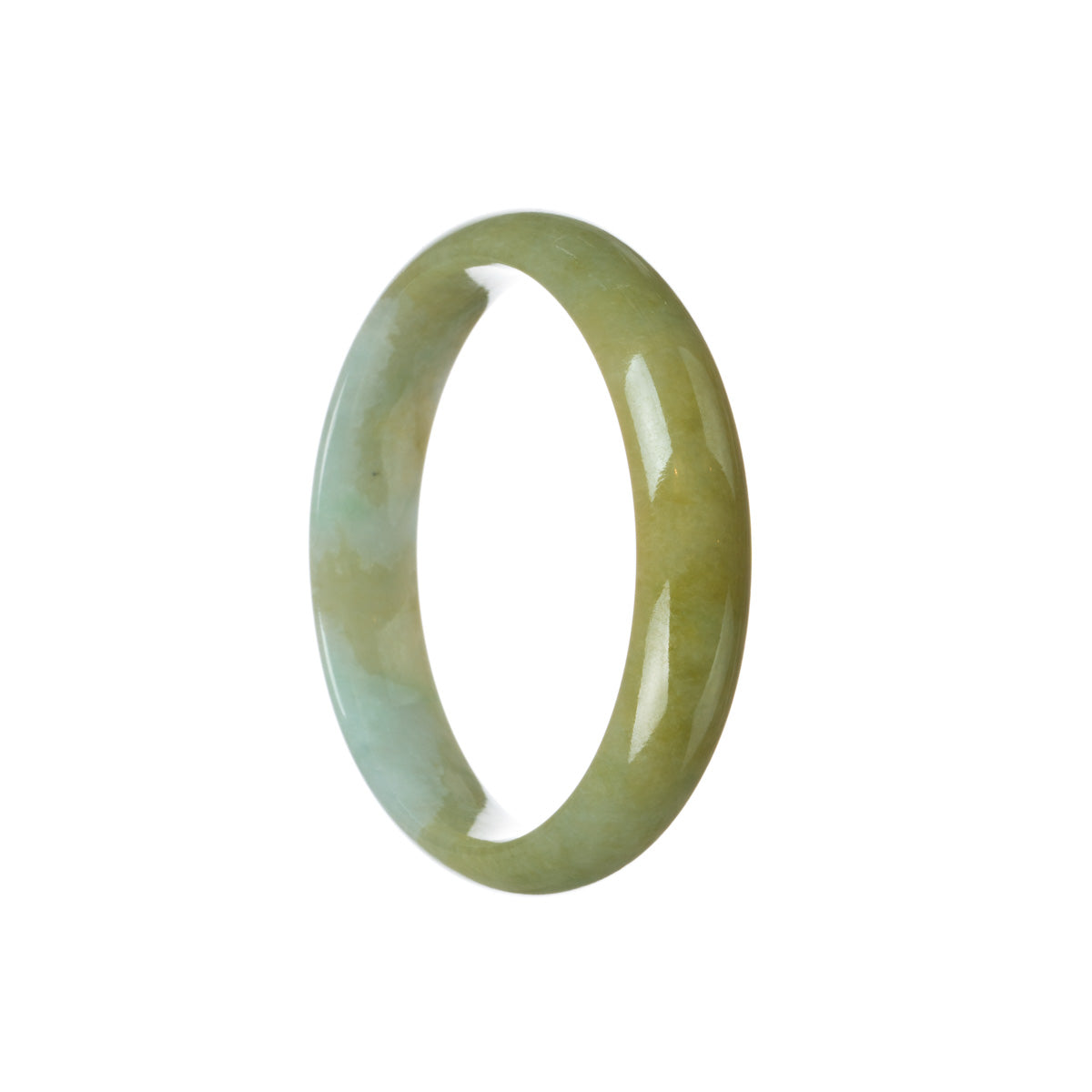 A close-up photo of a beautiful jadeite jade bangle bracelet in a brownish olive green color, featuring a white patch. The bracelet is certified Grade A and has a unique half moon shape measuring 59mm in size. It is a stunning piece of jewelry from MAYS GEMS.