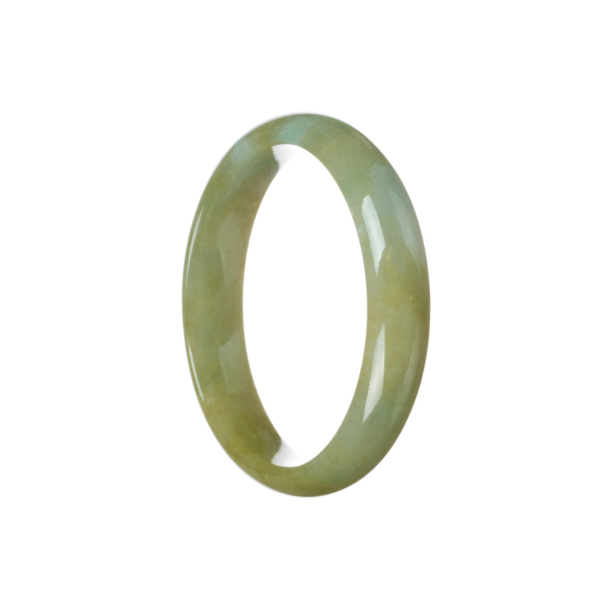 A beautiful Burmese Jade bangle bracelet featuring a genuine Grade A brownish olive green color with a white patch, in the shape of a 59mm half moon.