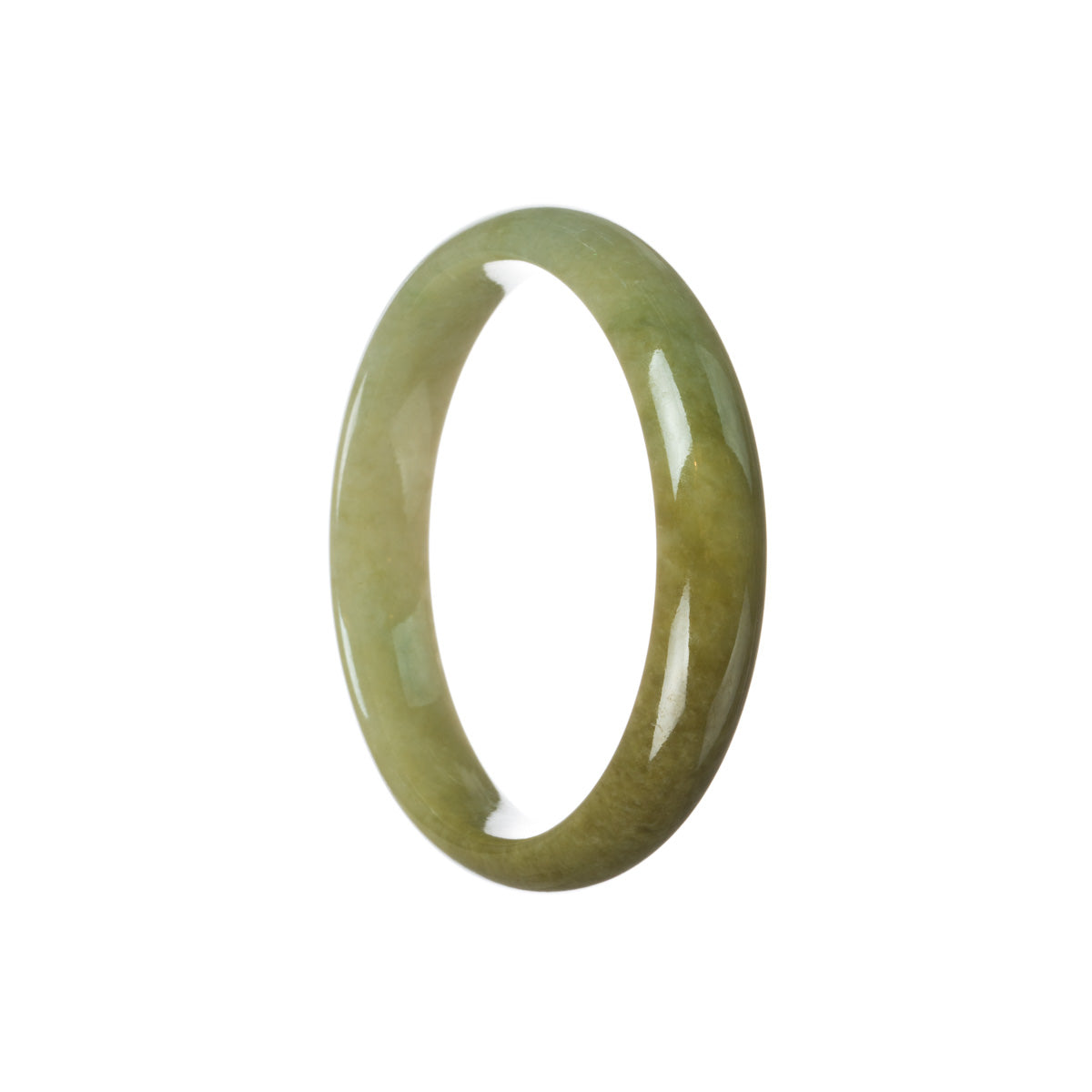 A real grade A brownish olive green jadeite bangle bracelet with a brown patch, in a half moon shape, measuring 59mm.