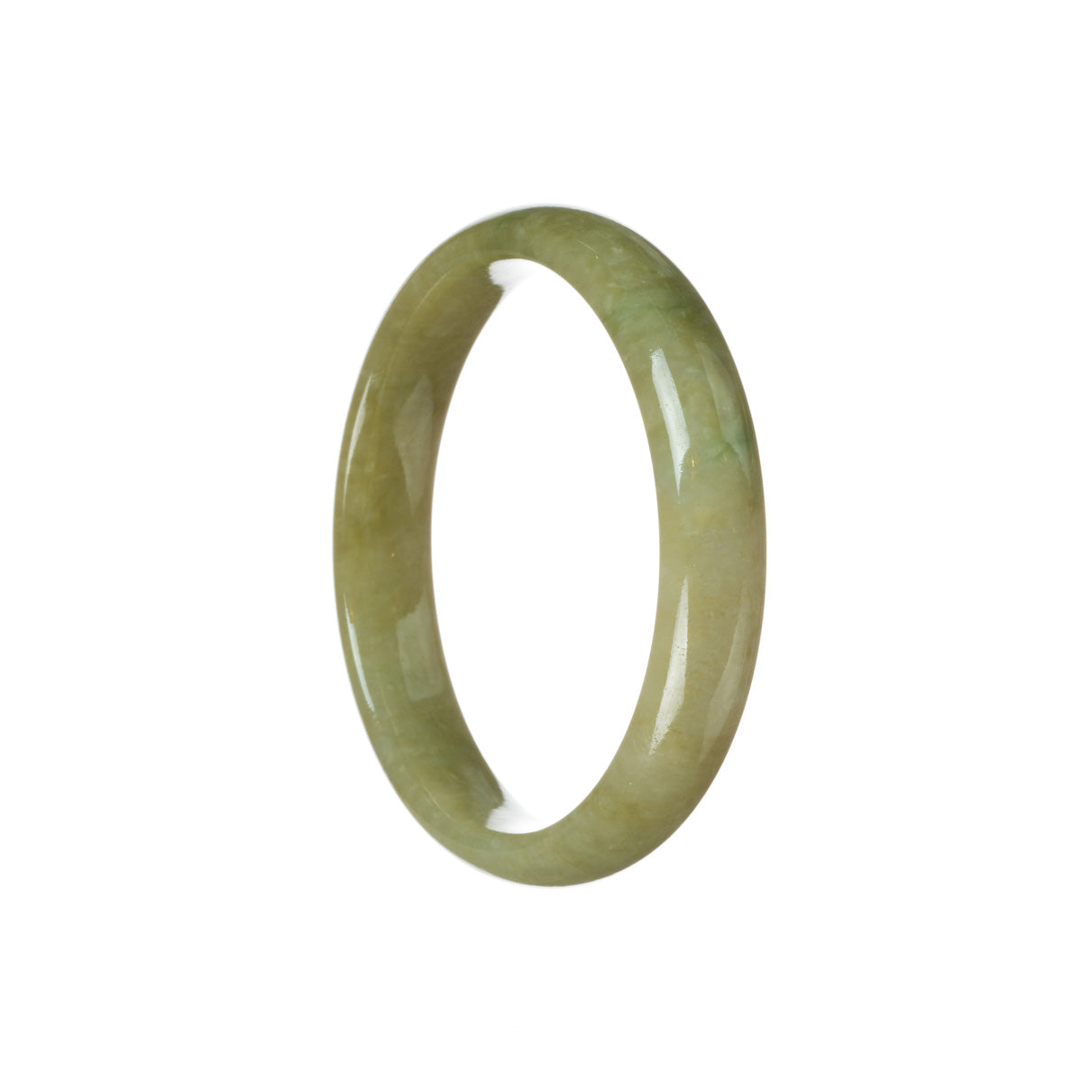A close-up image of a real untreated brownish olive green jadeite bangle. The bangle is in the shape of a half moon and measures 59mm in diameter. It is being sold by MAYS GEMS.