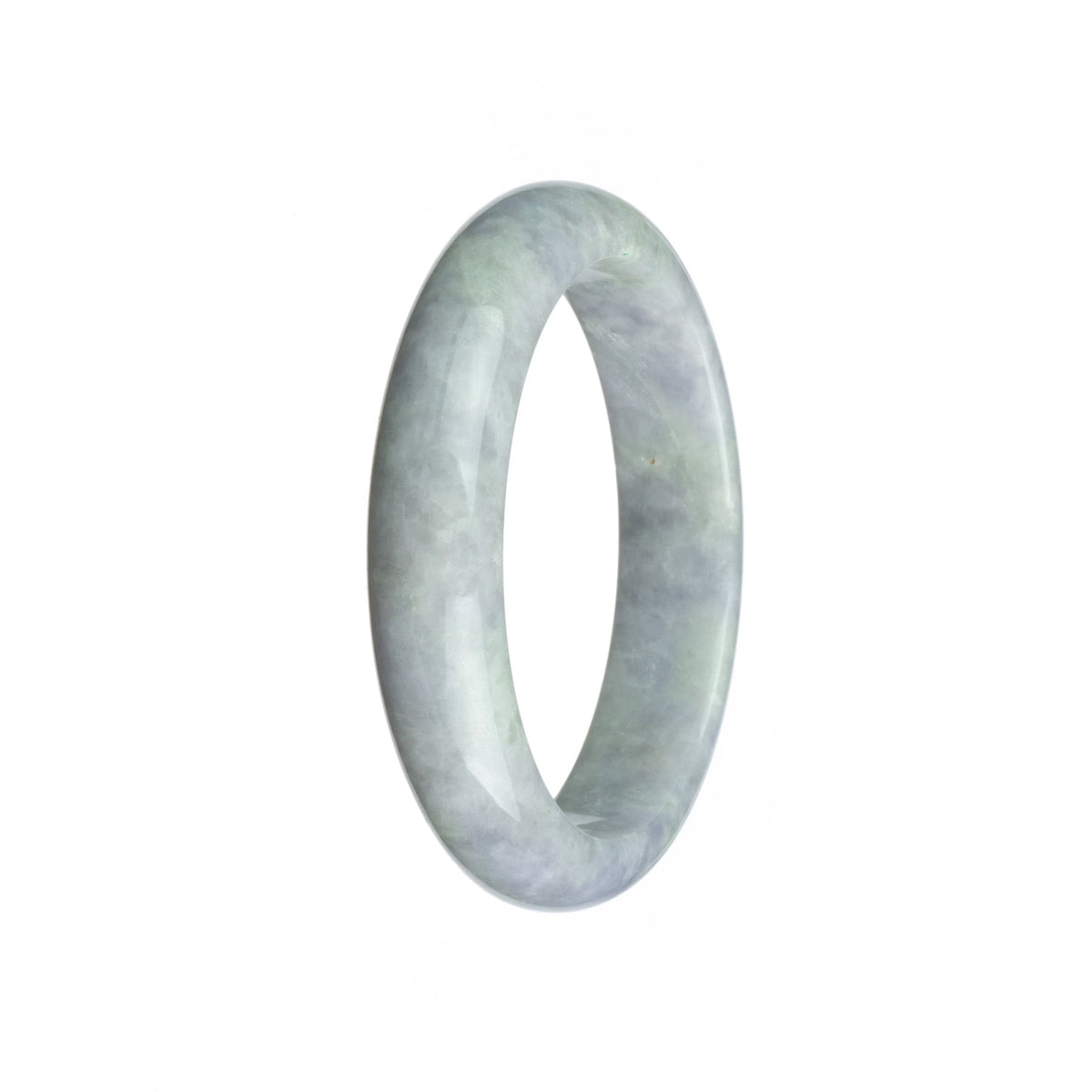 A close-up image of a stunning lavender jade bracelet, showcasing its flawless half moon shape and rich, genuine Type A jade. The bracelet measures 58mm in diameter and is a luxurious addition to any jewelry collection.
