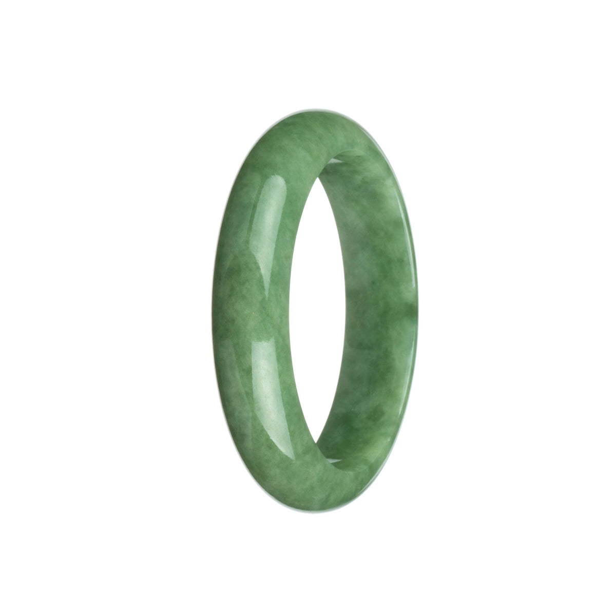 A close-up image of a round jade bangle with a half-moon shape, made from certified Grade A green jadeite jade. It has a diameter of 57mm and is crafted by MAYS™.