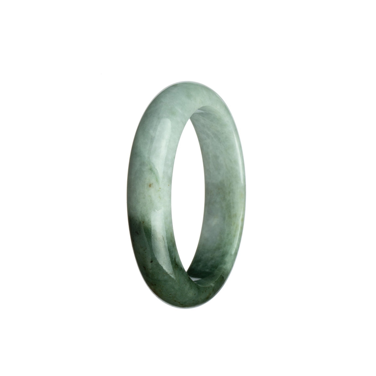 A close-up image of a pale green and olive green Burmese Jade bracelet. The bracelet is in the shape of a 52mm half moon and is described as an authentic Grade A piece. The brand name "MAYS" is also mentioned.