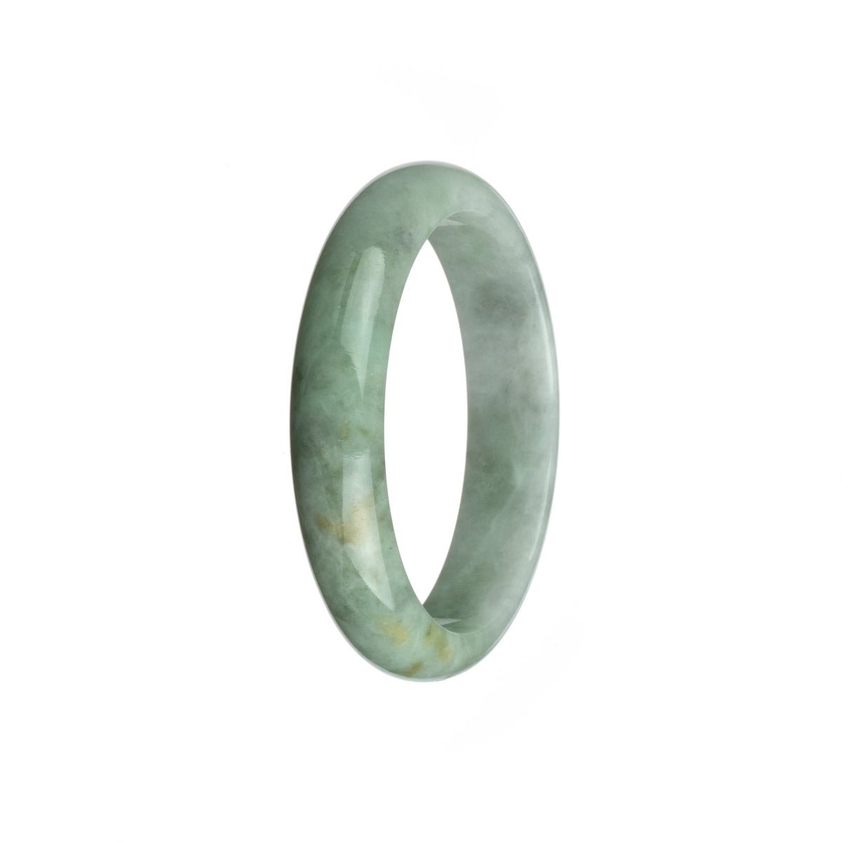 A close-up image of a certified grade A green with white jadeite jade bangle. The bangle has a half-moon shape and measures 56mm in diameter. It is a beautiful piece of jewelry from MAYS GEMS.