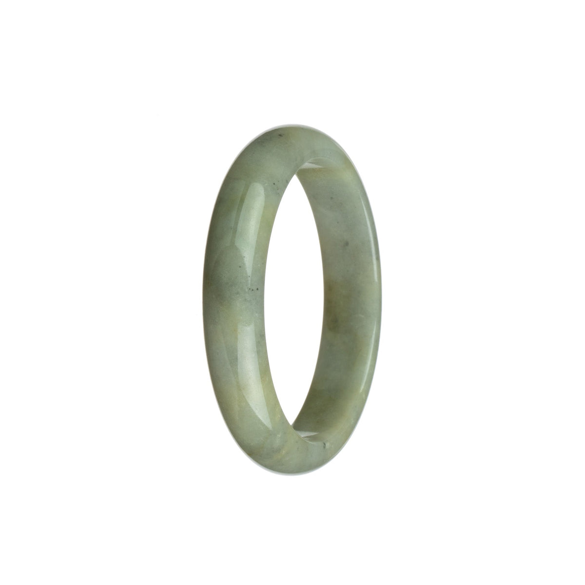 A close-up image of a stunning grey and white jade bangle bracelet with a half moon shape, measuring 54mm in size. The bracelet is made from high-quality Grade A jadeite jade and is designed by MAYS.