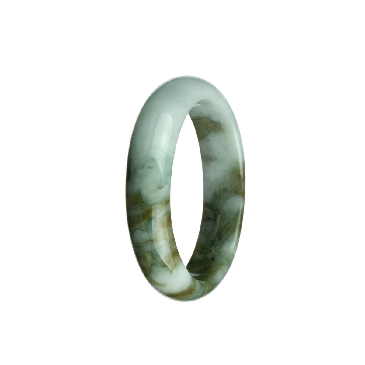 A stunning olive green and white jadeite jade bangle bracelet in a half moon shape, untreated and authentic.