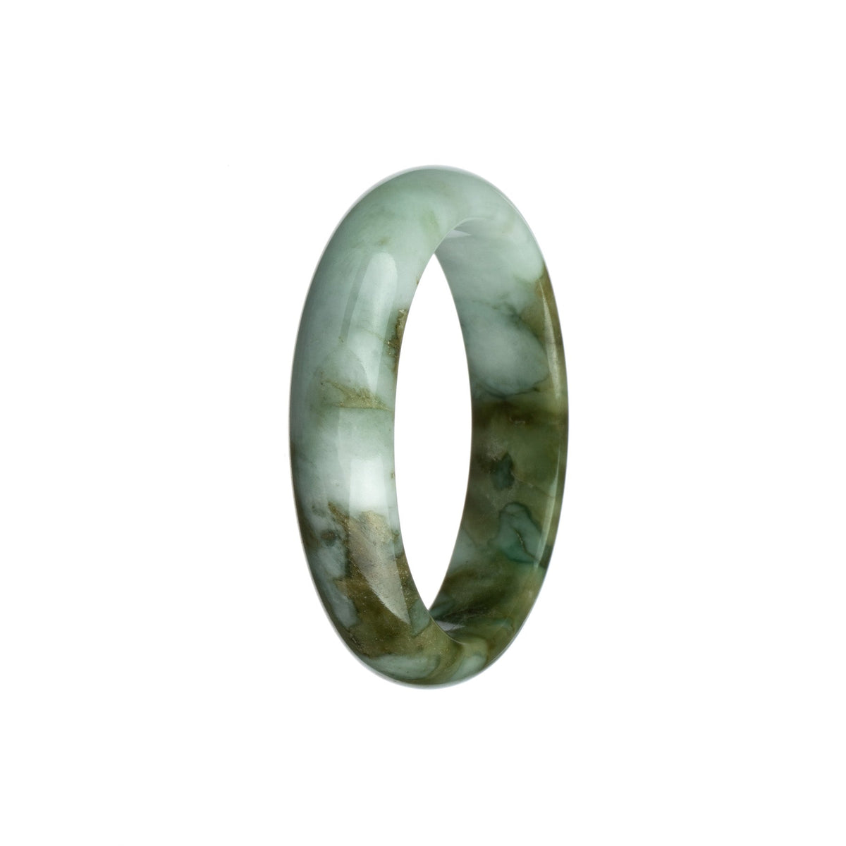 A close-up photo of an olive green and white jadeite bangle, featuring a half-moon shape and measuring 55mm in size. The bangle has a smooth and polished surface, showcasing the natural beauty of the jadeite.