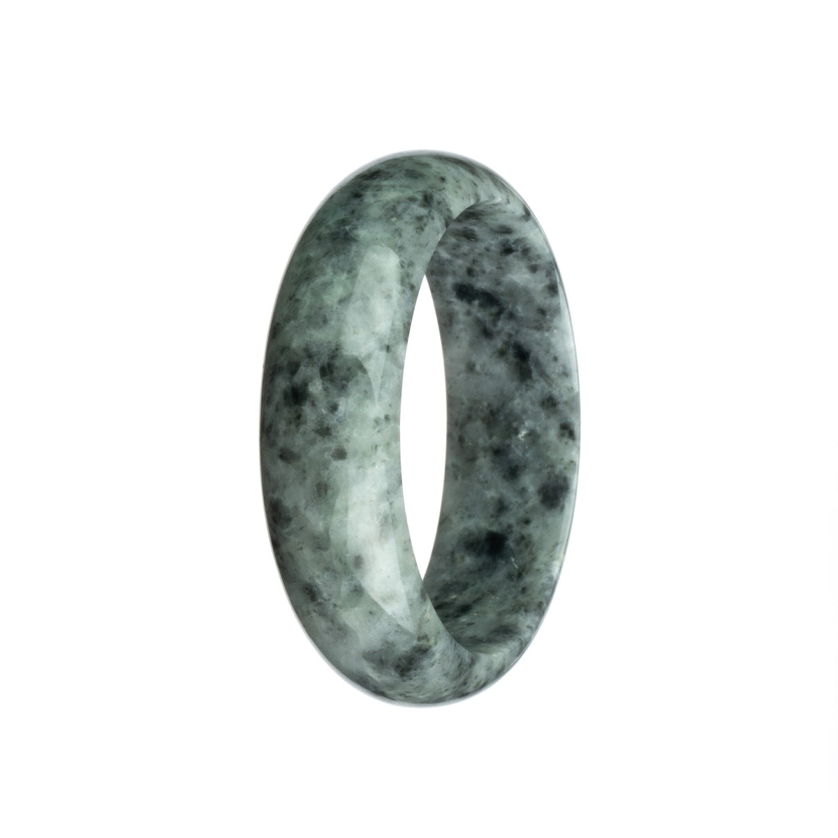 A close-up image of a grey jade bangle with spots, crafted with high-quality Grade A jade. The bangle is in a traditional half moon shape, measuring 59mm in diameter. Sold by MAYS GEMS.