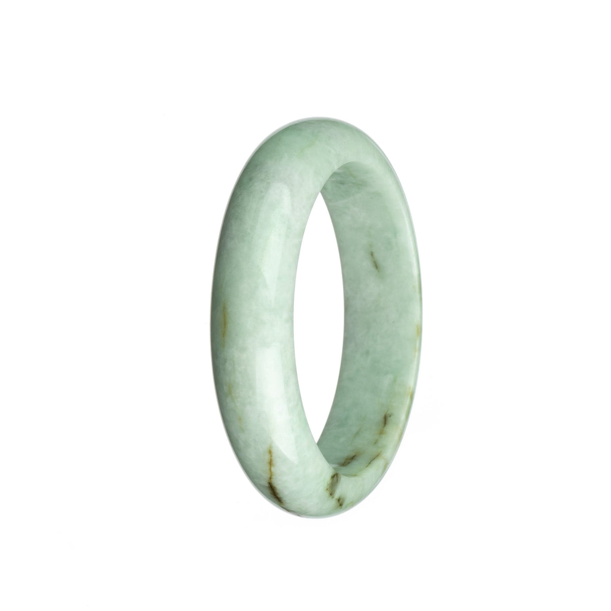 A pale green jadeite jade bangle bracelet featuring a half-moon shape, measuring 57mm in size. This bracelet is certified as Type A jade and is from the MAYS collection.