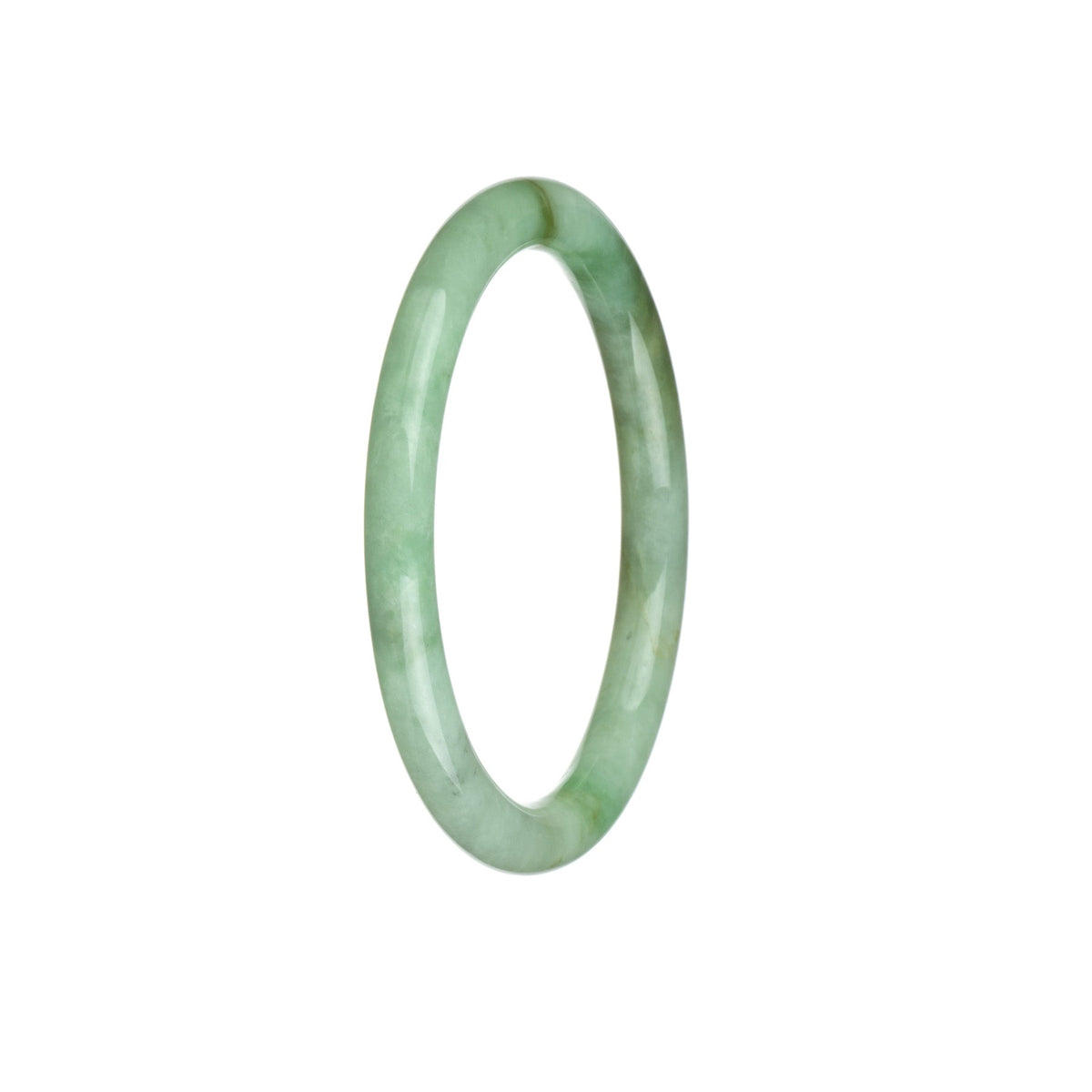 A close-up photo of an elegant bangle bracelet made of Grade A Burmese Jade. The bracelet is round and petite, measuring 60mm in diameter. It features a beautiful combination of white, green, and brown colors, giving it a unique and authentic look. Created by MAYS GEMS.