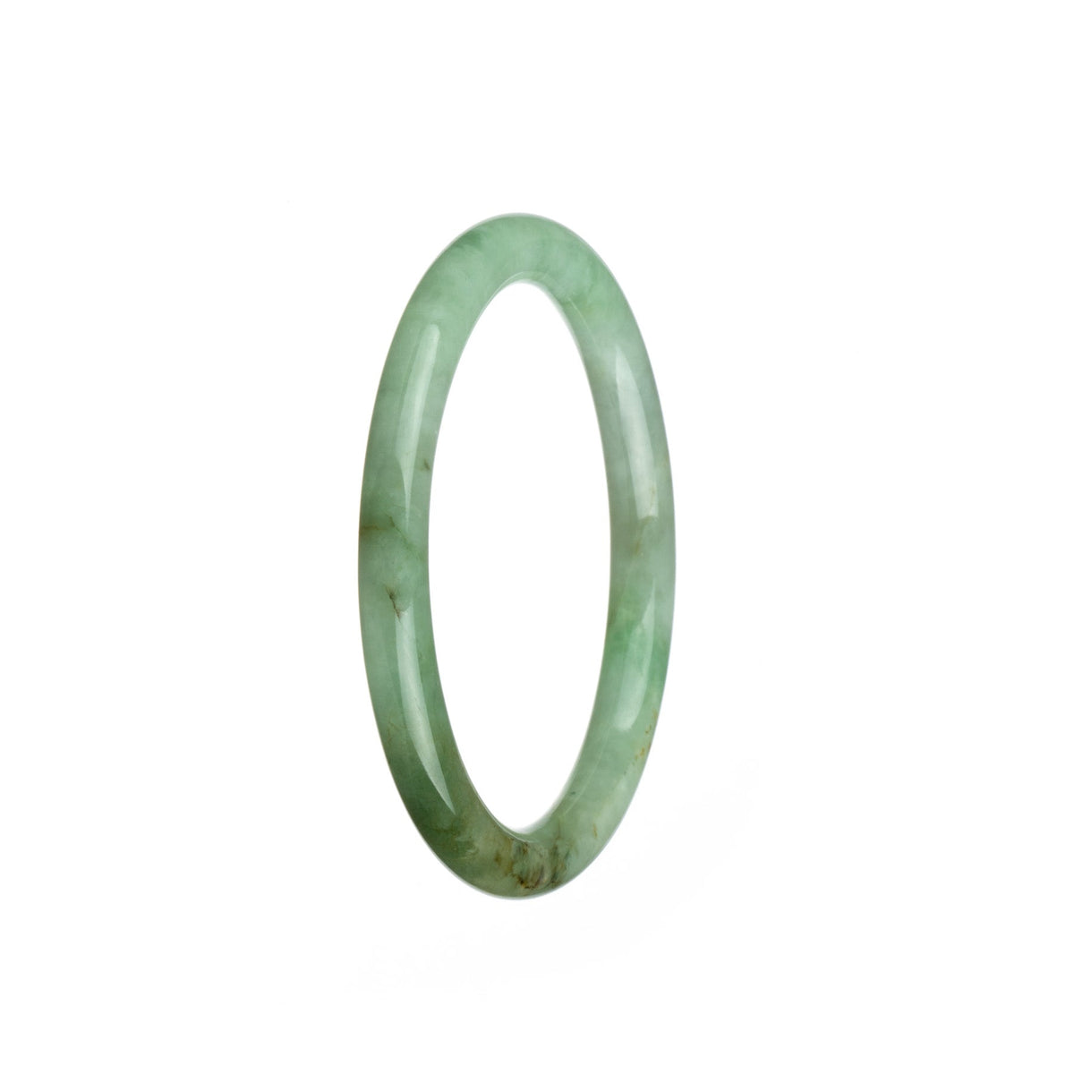 A beautiful and elegant jadeite bangle with a petite round shape, featuring a combination of white, green, and brown colors. Handcrafted by MAYS GEMS.