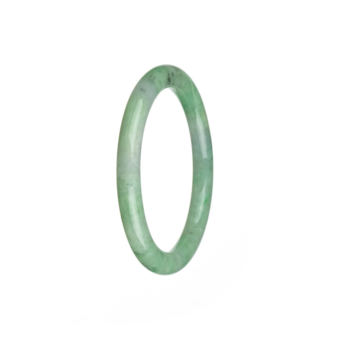 A petite round jade bracelet with a genuine natural green color and light green spots.