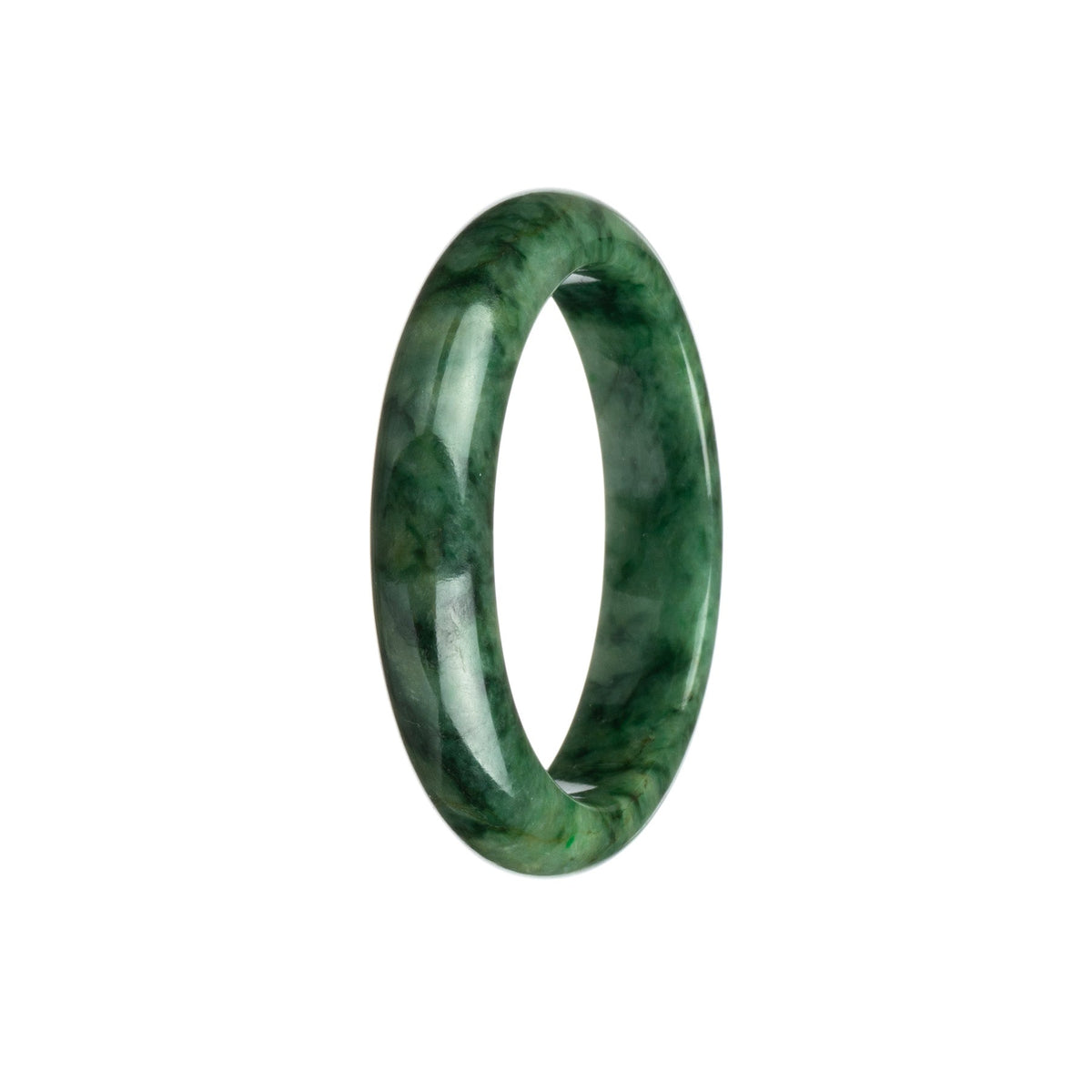 An elegant dark green jade bangle with a half moon shape, certified as Grade A Green by MAYS GEMS.