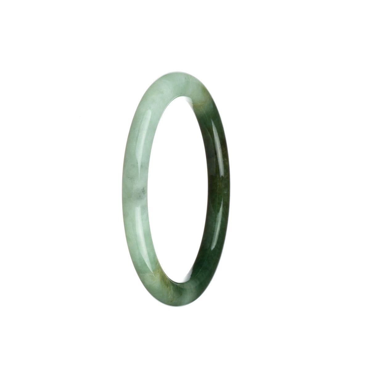 A close-up image of a petite round dark green jade bangle with hints of pale green.