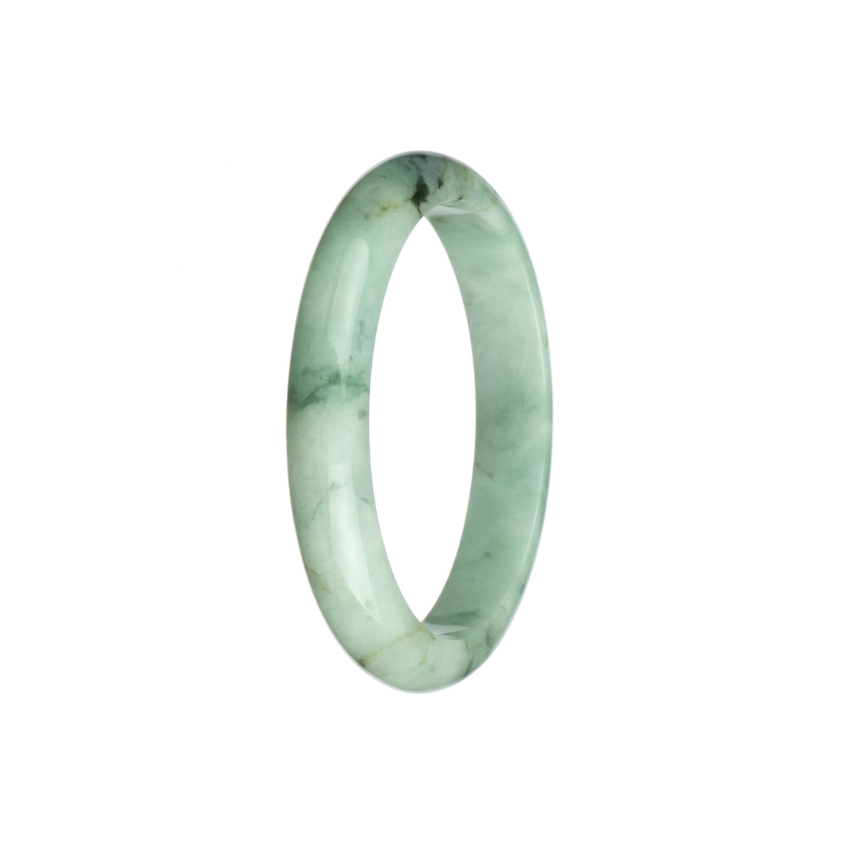 A white jade bangle bracelet featuring a unique pattern, crafted without any treatment or enhancements. The bracelet has a half-moon shape and measures 58mm in diameter. It is certified for its authenticity and high-quality craftsmanship. Perfect for adding a touch of elegance to any outfit.