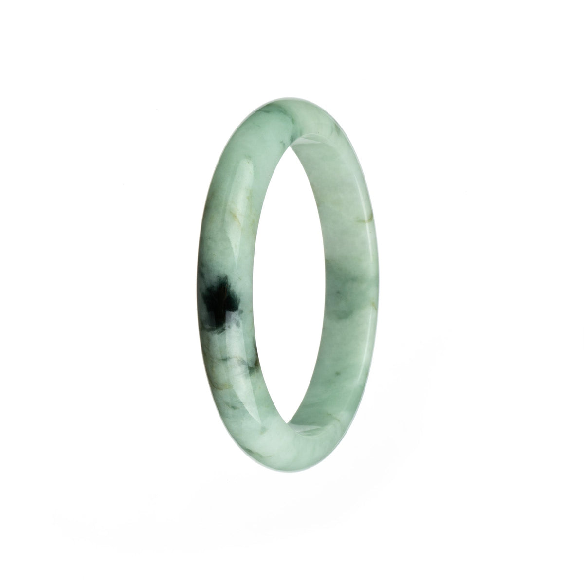 A close-up image of a genuine untreated white jadeite jade bracelet with a half-moon pattern. The bracelet measures 58mm in diameter and is sold by MAYS GEMS.