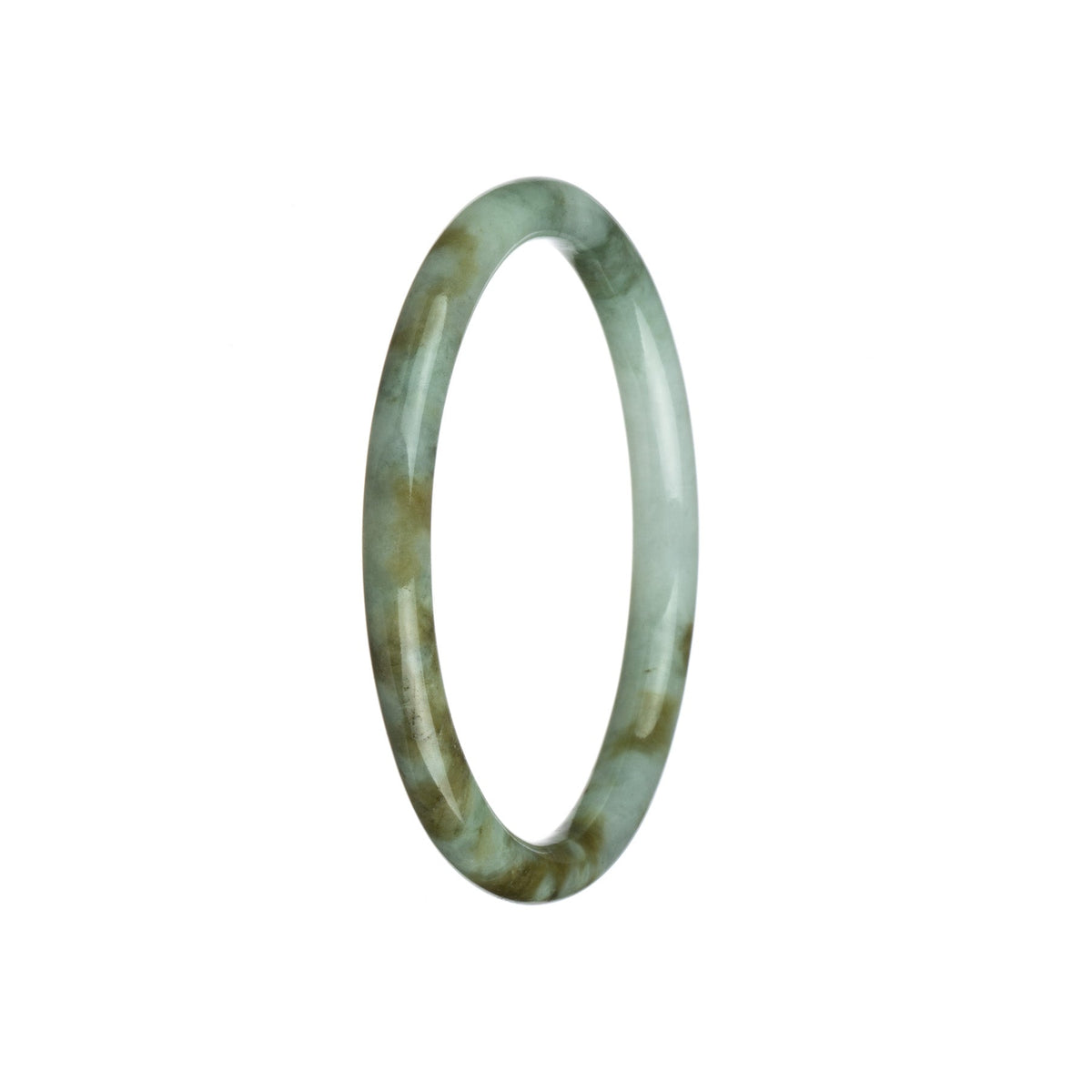 A small, round jadeite bracelet with a white base color and a unique brown pattern.