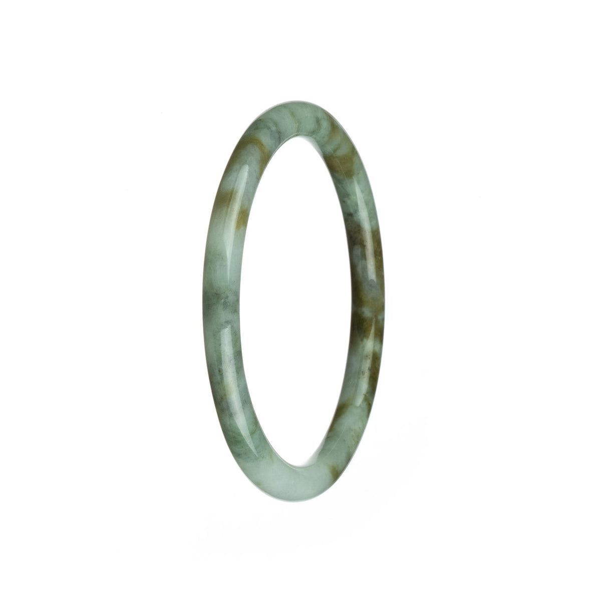 A close-up image of a small round jade bangle with a white base color and brown patterns. This traditional accessory is made of high-quality Grade A jade.