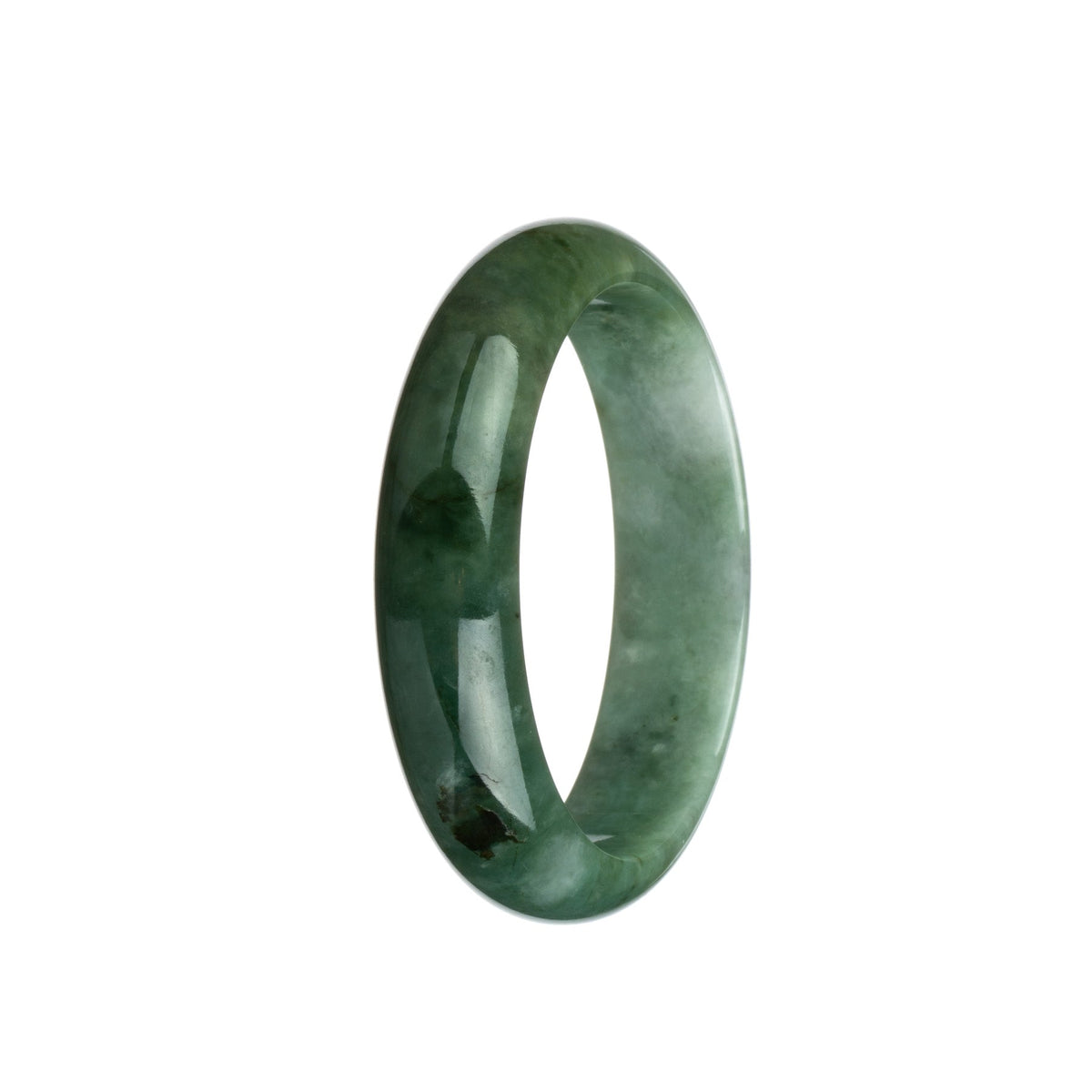 A high-quality green jade bangle with a beautiful pattern, in a half-moon shape, measuring 58mm. Perfect for adding elegance and sophistication to any outfit.