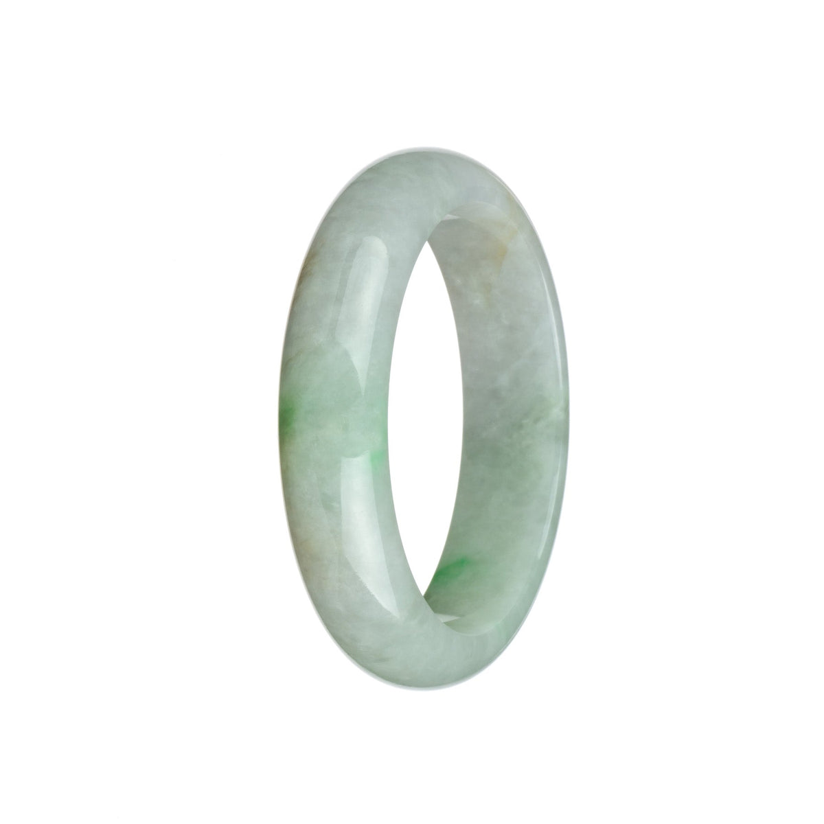A close-up photo of an authentic Grade A white jadeite bangle with apple green hues. The bangle is in the shape of a half moon and measures 57mm in diameter. It is a beautiful piece of jewelry from MAYS GEMS.