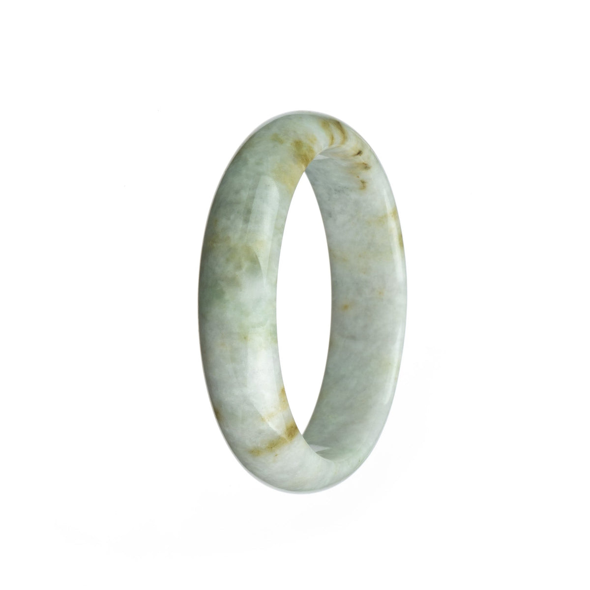 An intricately designed Burmese jade bangle featuring a white base with a beautiful brown pattern, in a half moon shape.