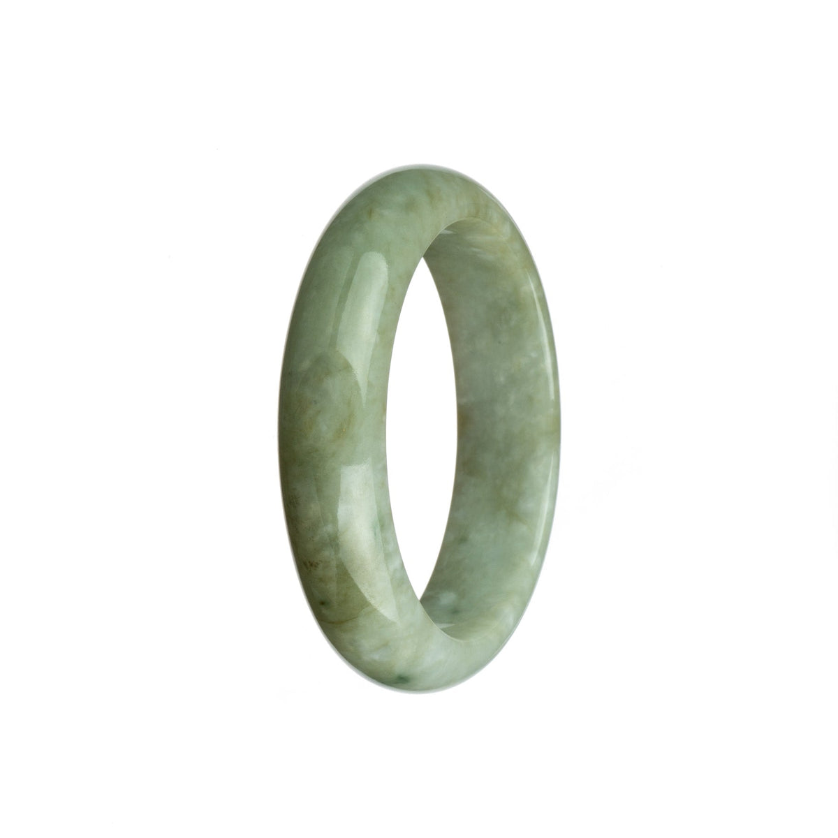 A close-up image of a beautiful jade bangle bracelet with a white and brown pattern. The bracelet is in the shape of a half-moon and has a traditional design. It measures 55mm in diameter.