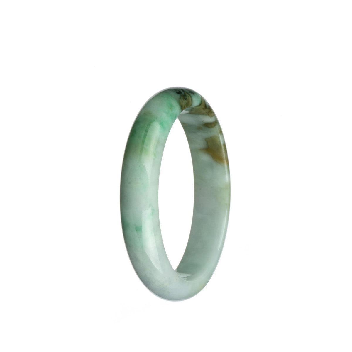 A beautiful bracelet made of genuine Burma jade, featuring a vibrant apple green and brown pattern on a white background. The bracelet is in a half moon shape, measuring 54mm in size. Crafted with care by MAYS™.