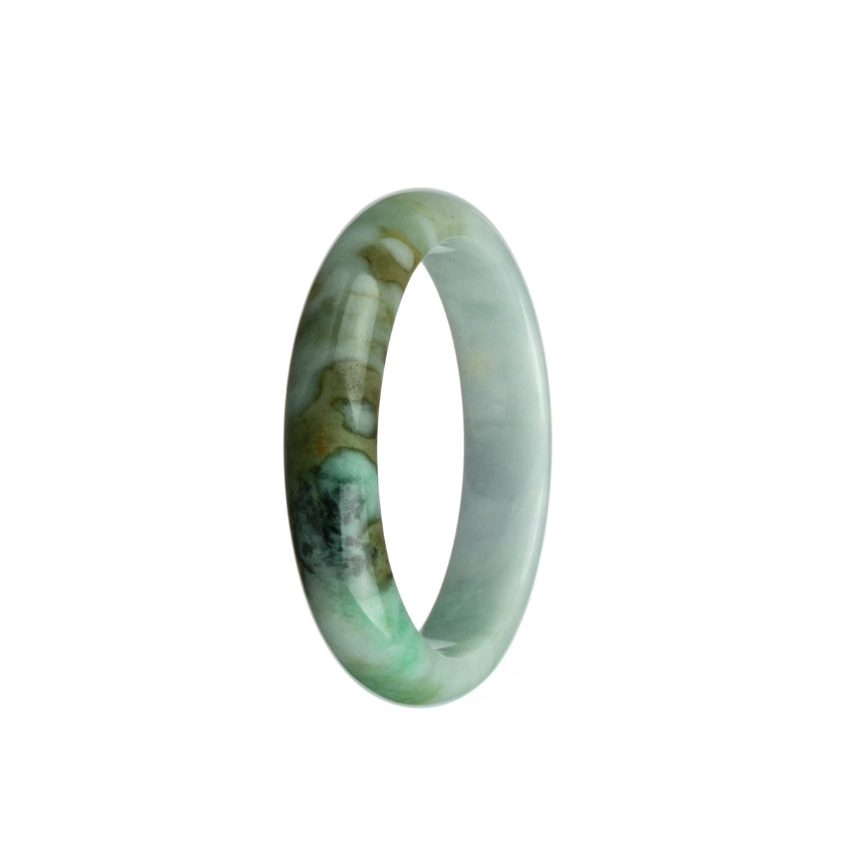 Genuine Grade A Apple Green and Brown Pattern on White Burma Jade Bracelet - 54mm Half Moon