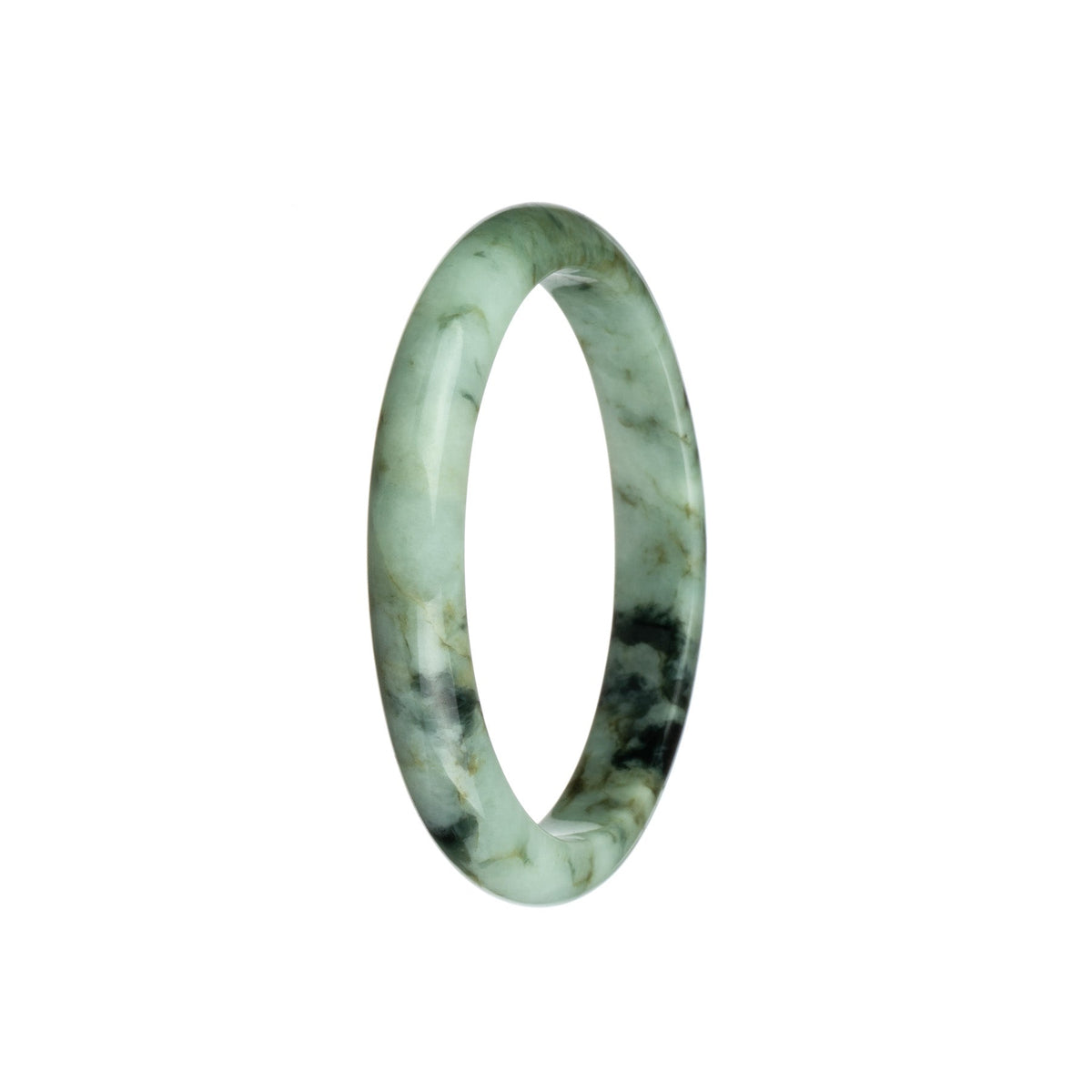 A semi-round Burmese jade bangle featuring a genuine natural white color with a striking green and black pattern. Diameter measures 58mm.
