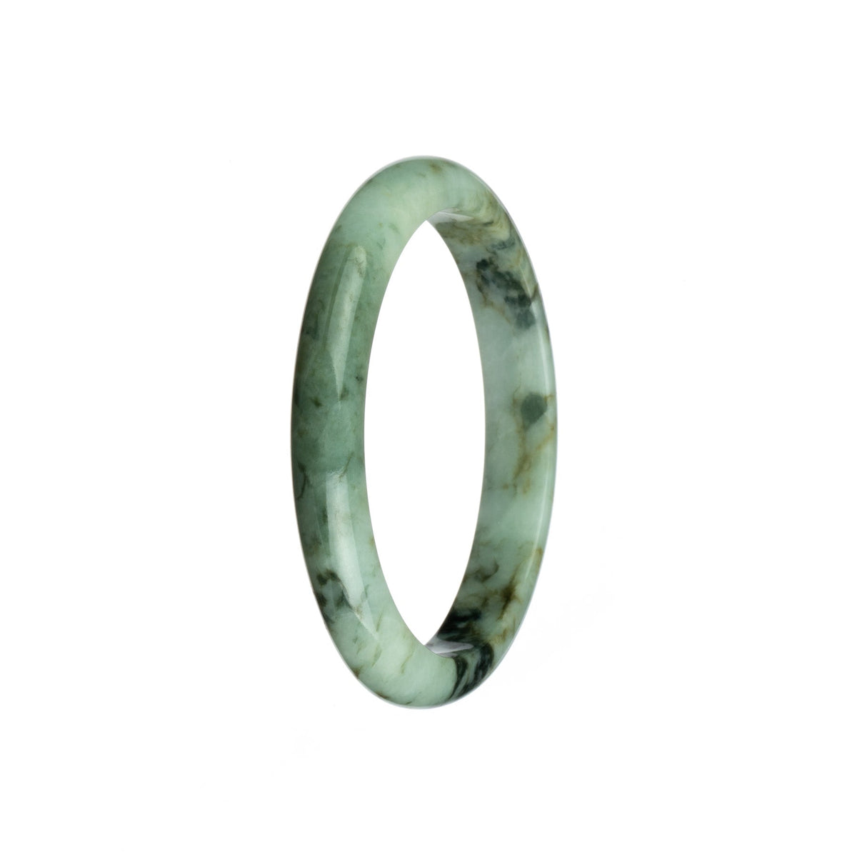 A close-up image of an authentic natural white Burma jade bangle bracelet with a green and black pattern. The bracelet is semi-round and has a diameter of 58mm. Created by MAYS GEMS.