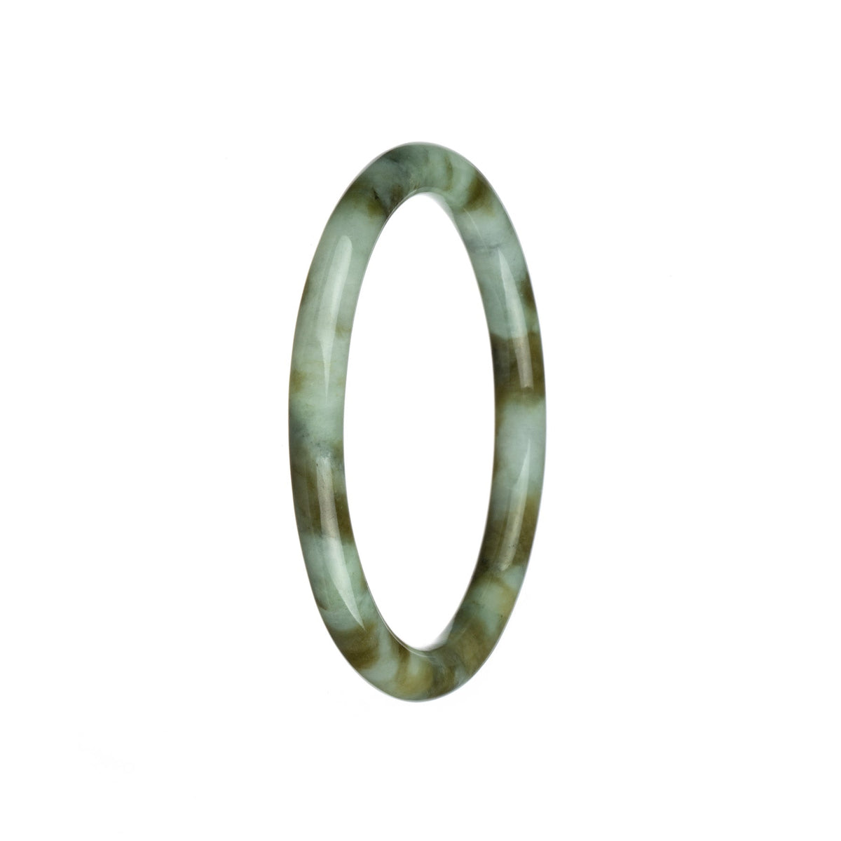 Alt text: A close-up photo of an authentic untreated white and brown pattern jade bangle, with a petite round shape and a diameter of 60mm. The brand name "MAYS" is also visible.